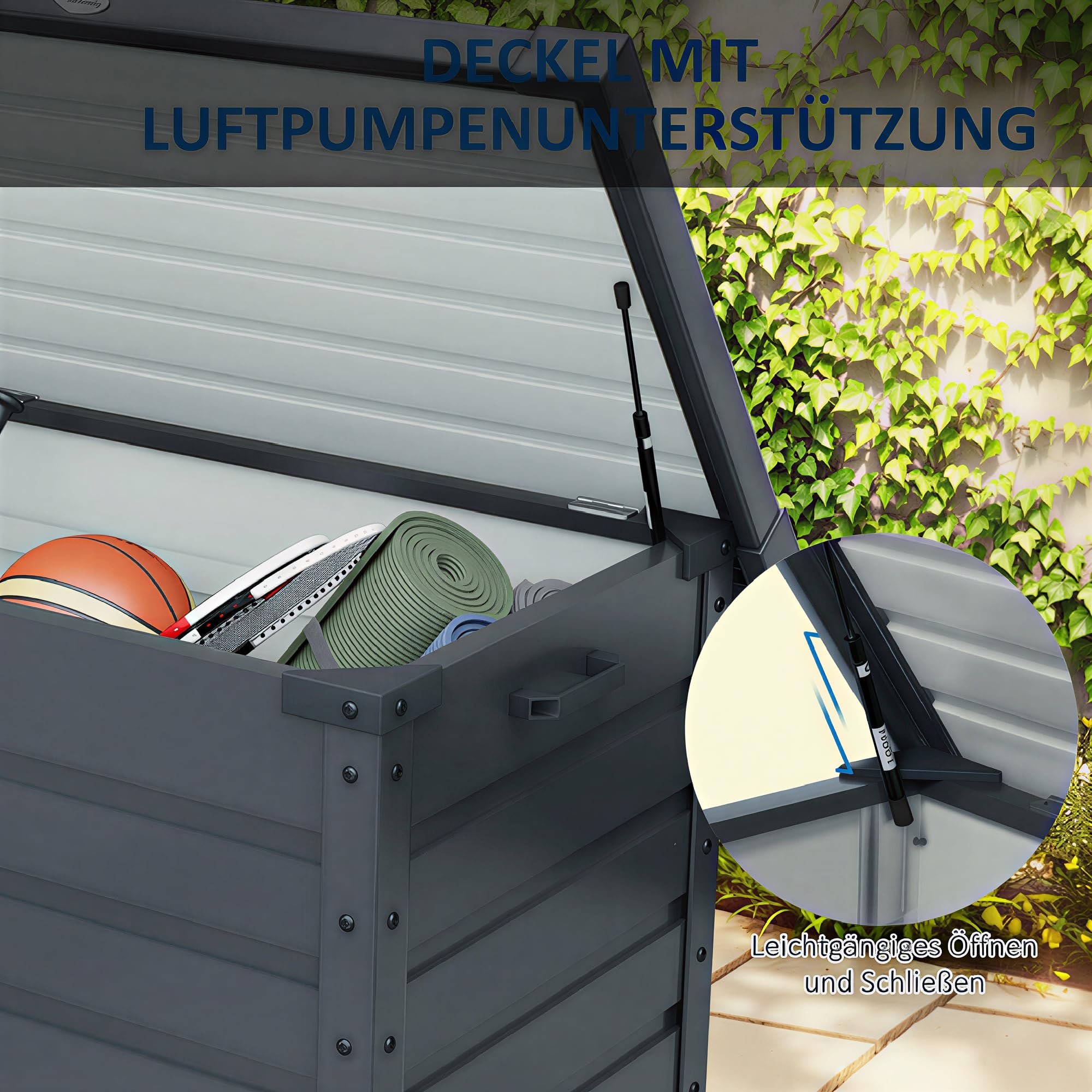 Outsunny Gartenbox Metall 295 Liter Wasserdicht 100 x 62cm Dunkelgrau | Abschließbar, Mit Griffen und Rollen, Auflagenbox, Gartentruhe, Outdoor Wetterfest, Für Balkon Garten, Kissenbox