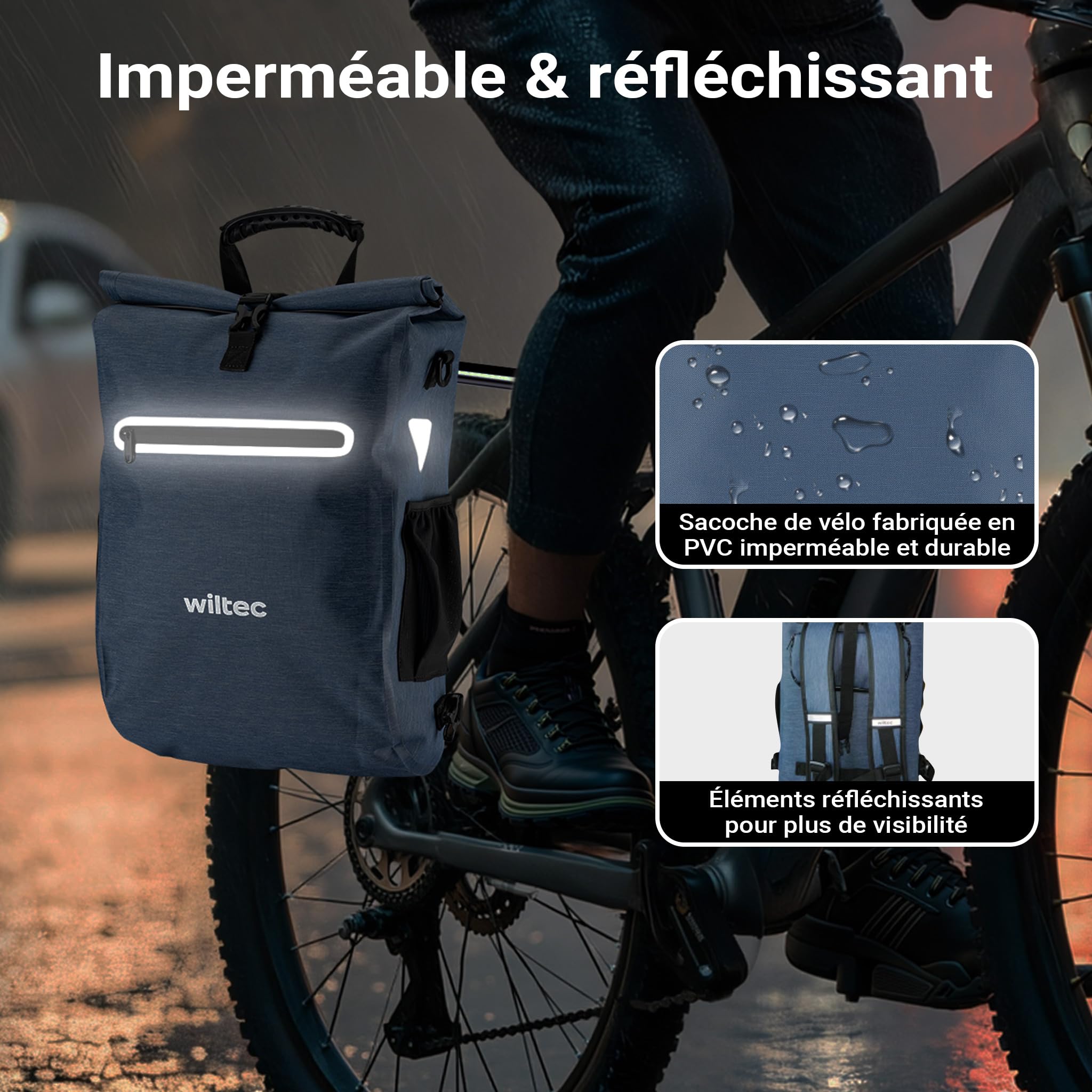 Wiltec Sacoche sac à dos étanche pour porte-bagages bleue – capacité de 20 L – en 600D TPU – avec compartiment pour ordinateur portable – pour vélos et vélos électriques – Sac de bicyclette – Cyclisme