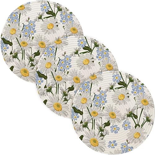 3pcs Forget-me-not Flower Trivet Round Hot Pads, Cotton Thread Weave Trivets for Hot Pots and PansPlacemats Set for Dining Table