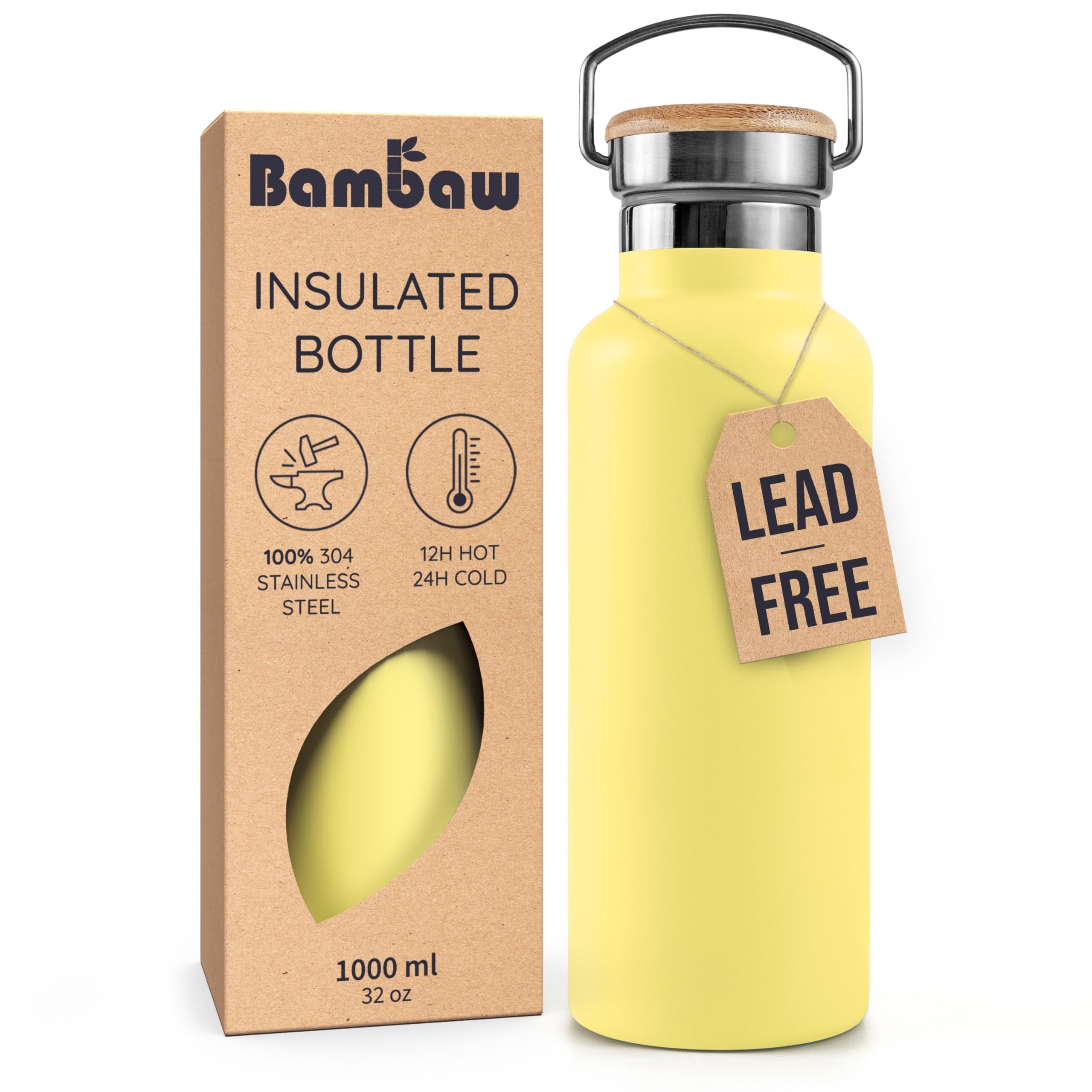 Bambaw Insulated Water Bottle 1l, Yellow Stainless Steel Water Bottle 1l, Leakproof, Thermal Metal Water Bottle – Yellow Beam