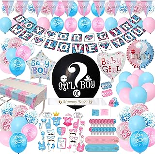 Gender Reveal Party Supplies - (200 Pieces) 36 Inch Reveal Balloon, Boy or Girl Banner, Mommy To Be Sash, Baby Shower Decorations, Foil Balloons and Boy Or Girl Balloons, Team Girl & Boy Stickers, Cake Topper Much More