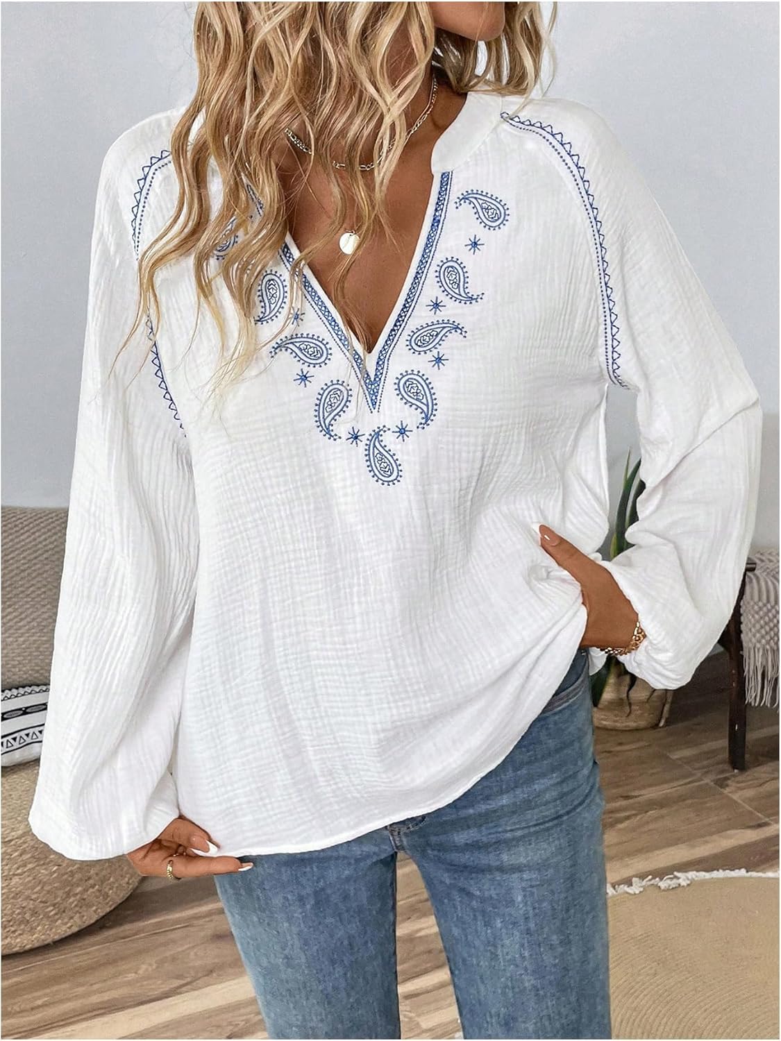 GORGLITTER Women's Boho Peasant Blouses Embroidered Bishop Long Sleeve Linen Shirt V Neck Casual Dressy Nashville Outfits - Image 4