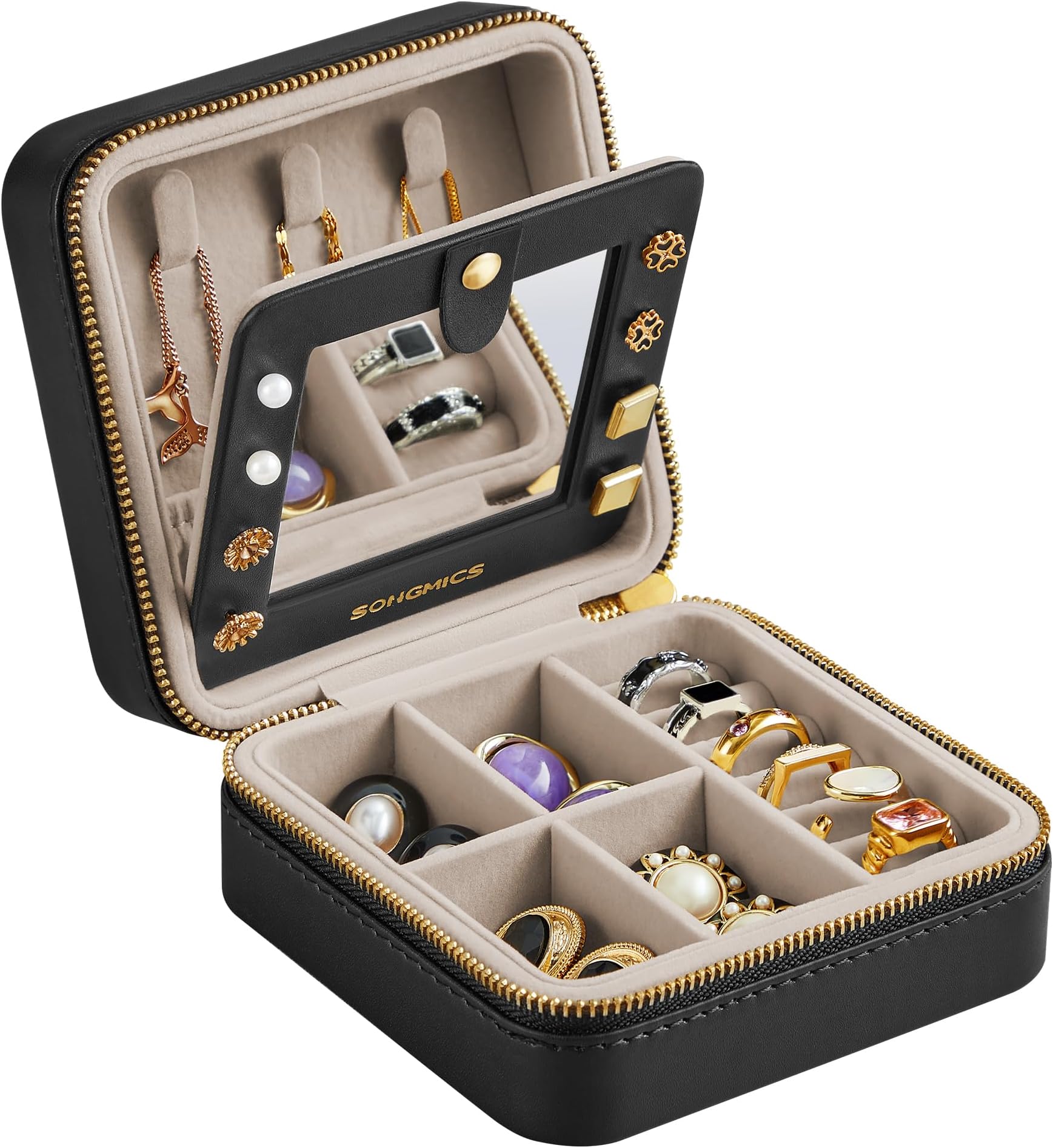SONGMICS GISELLA Collection - Travel Jewellery Box Organiser with Mirror, 11.4 x 11.4 x 5.5 cm Small PU Leather Jewellery Storage Case for Women, Portable, Gift Idea, Ink Black JBC146BKV1