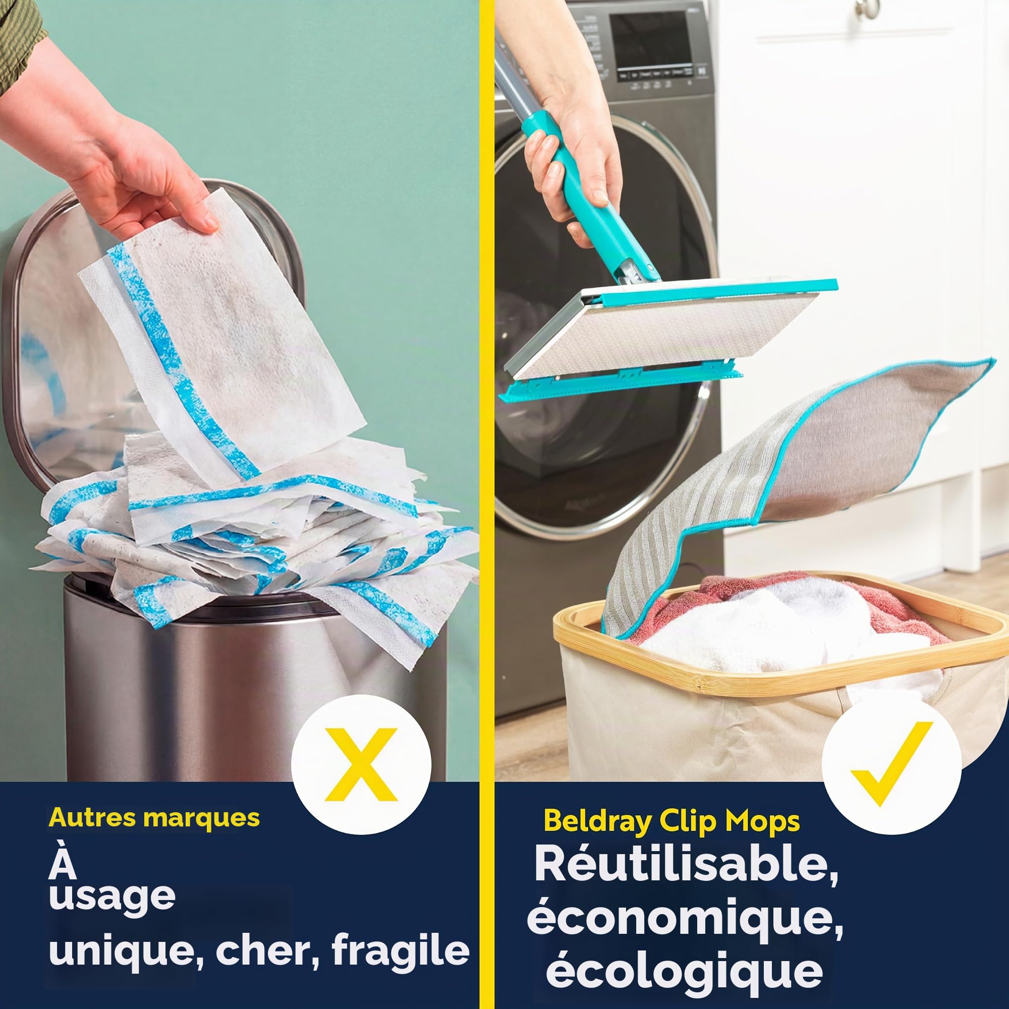 Beldray Anti-Bac Balai à Franges Clip-to-Grip pour Sol - Grande Tête de Balai, Carrelages/Sol/Miroirs, Manche à Relâchement par Pression, Rotative à 360°, 6 Chiffons, Nettoyage/Récurage/Époussetage