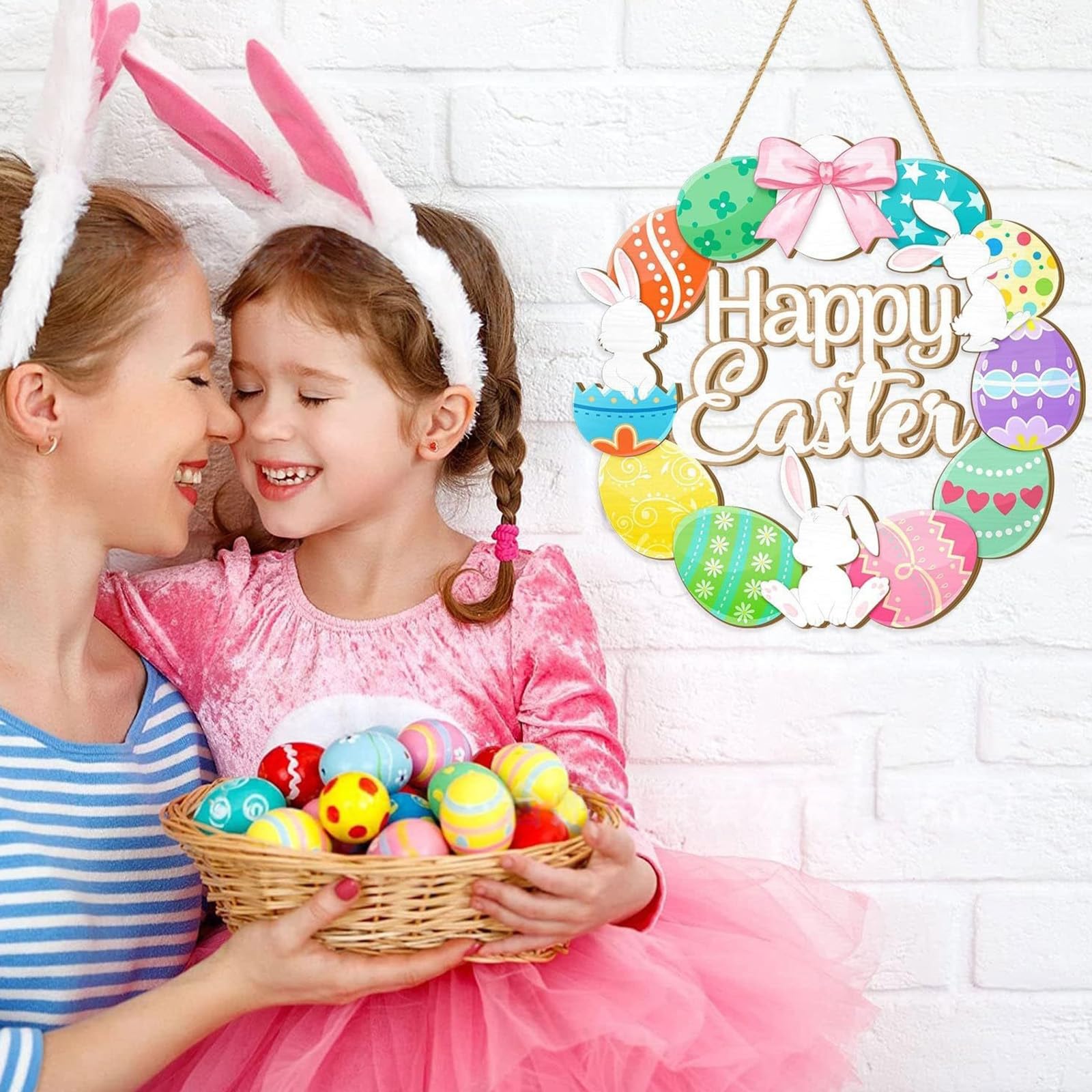 Wooden Easter Sign with Rabbits and Flowers Welcome Plaques for Door Hanging Greeting Decoration Easter Sign