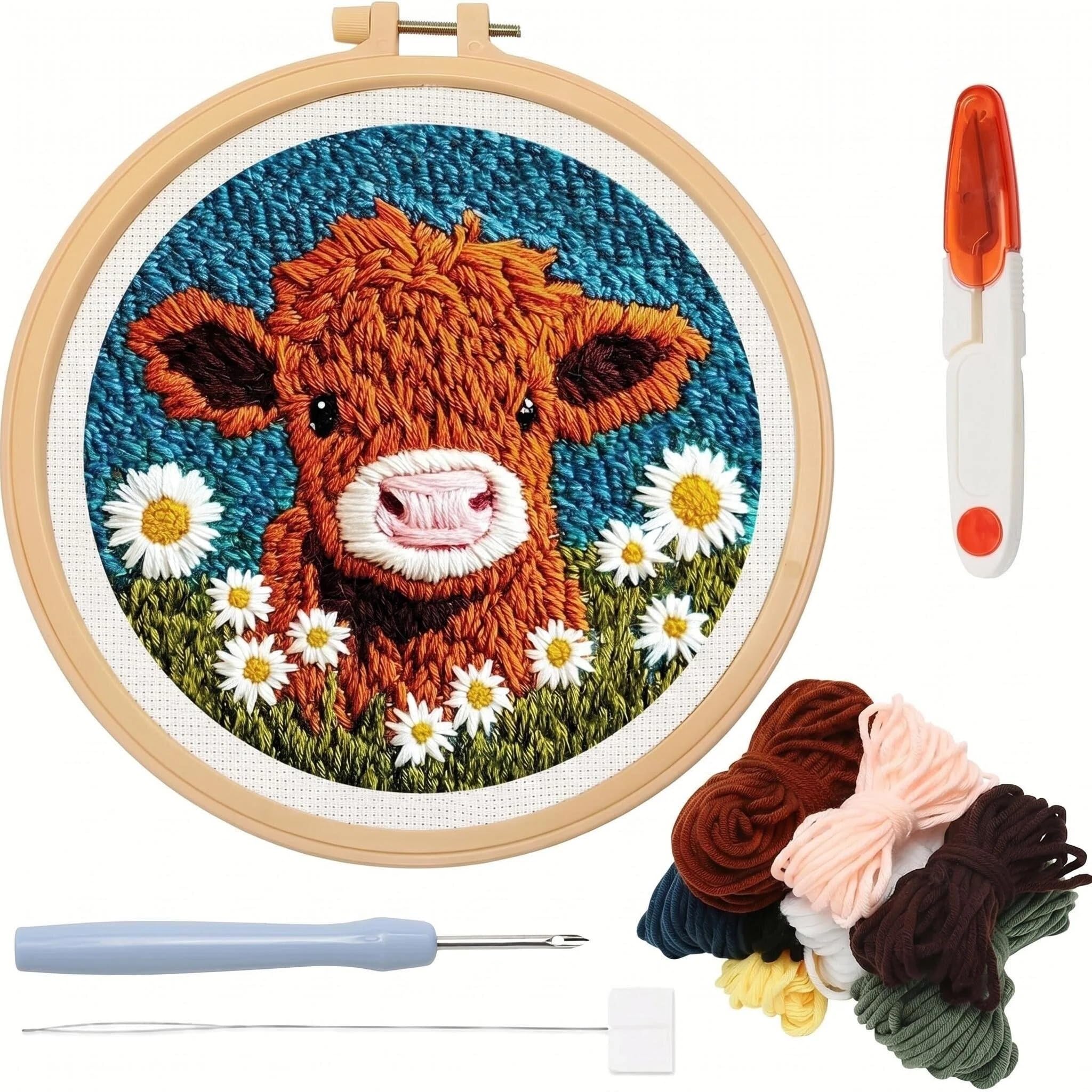 QIANSSE Punch Needle Embroidery Kit for Beginners, 20x20cm DIY Craft Set with Hoop Instructions Easy Embroidery Starter Kit for Adults Festival Decoration