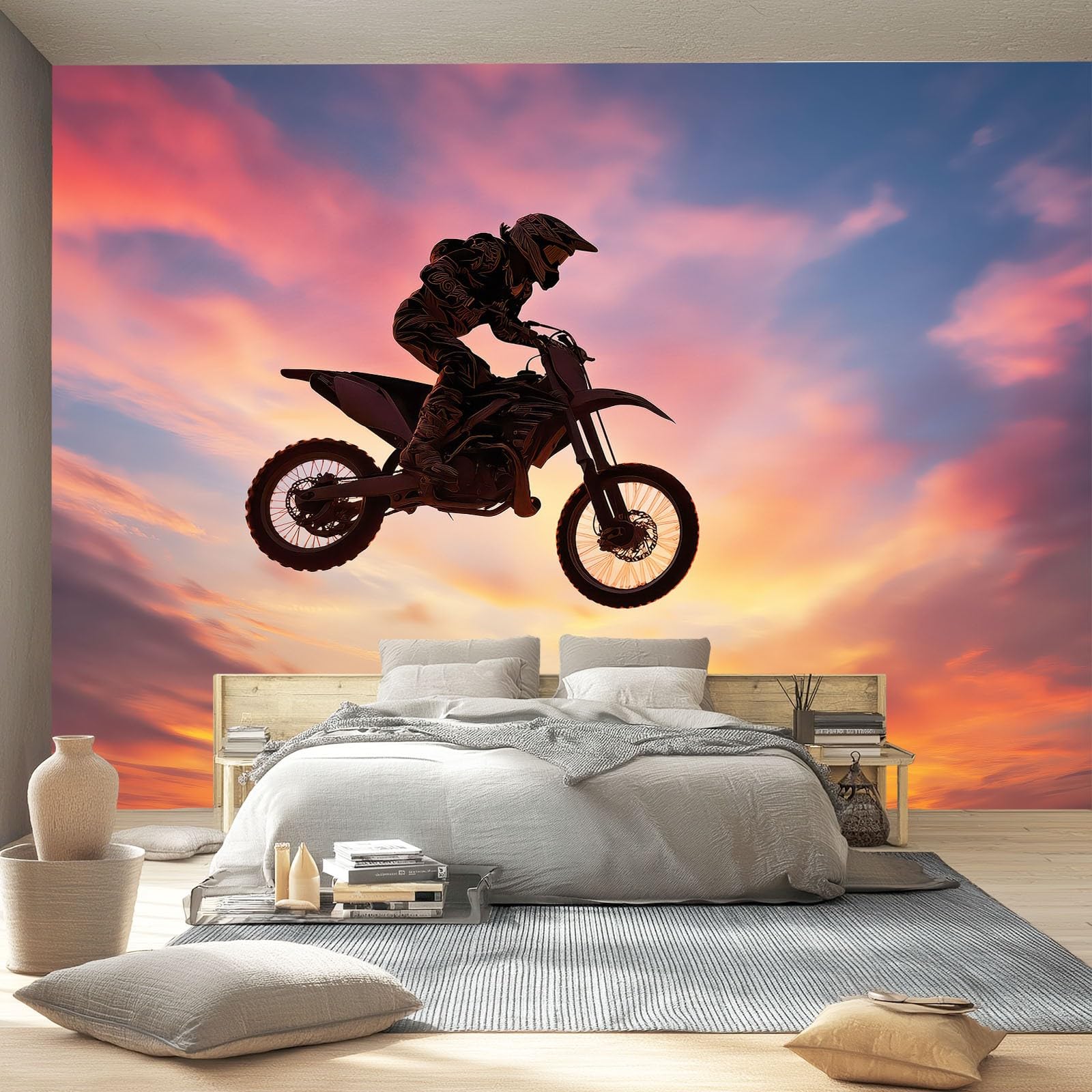 Duża fototapeta z włókniny 350 x 256 cm, dla motocyklistów, wyścigów terenowych, tapeta do sypialni i salonu, żółty zachód słońca