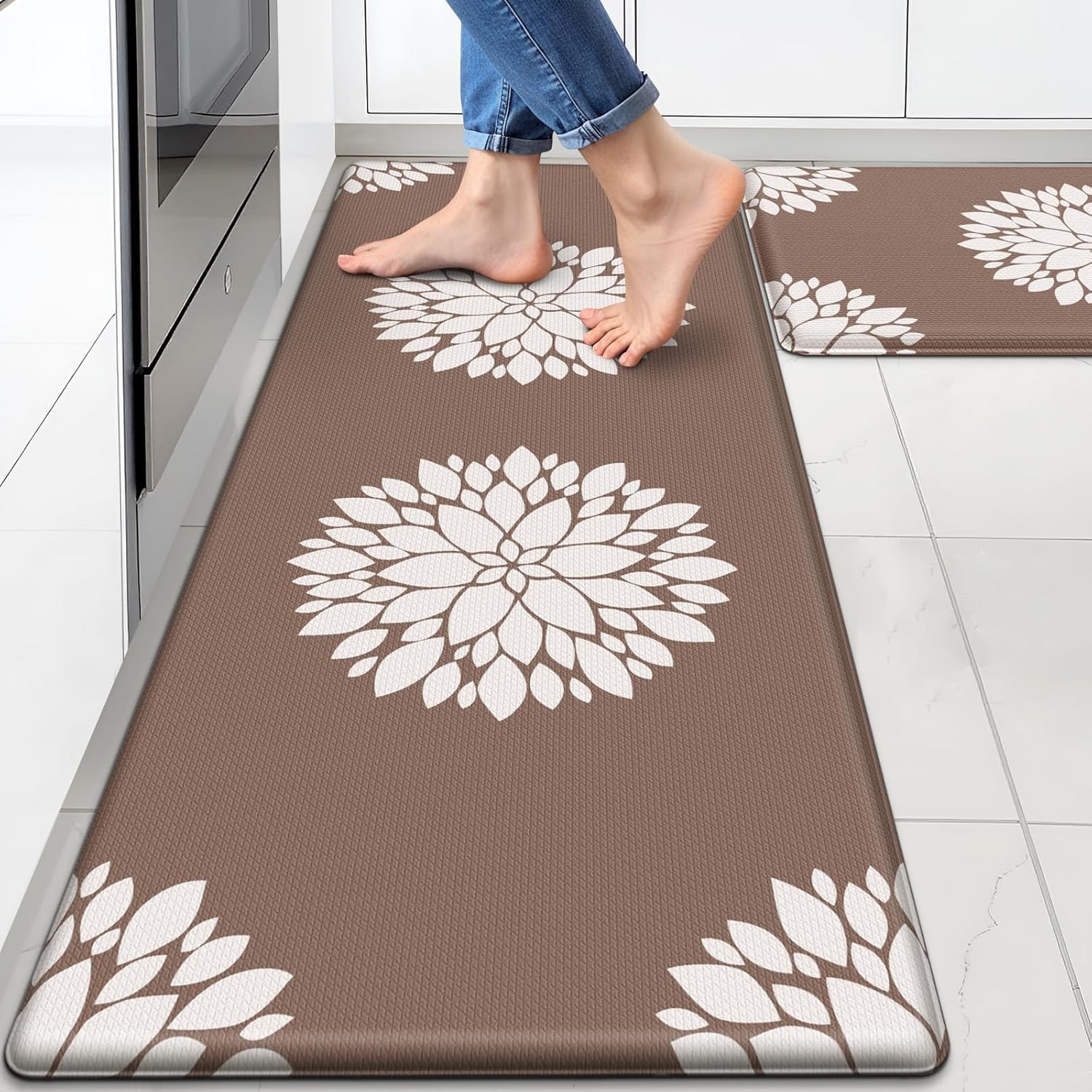 Kitchen Mats for Floor [2PCS], Soft Anti Fatigue Kitchen Rugs for Home, Waterproof Cushioned Standing Mats, Non-Slip Comfort Mat for Office, Sink, Laundry (Brown)