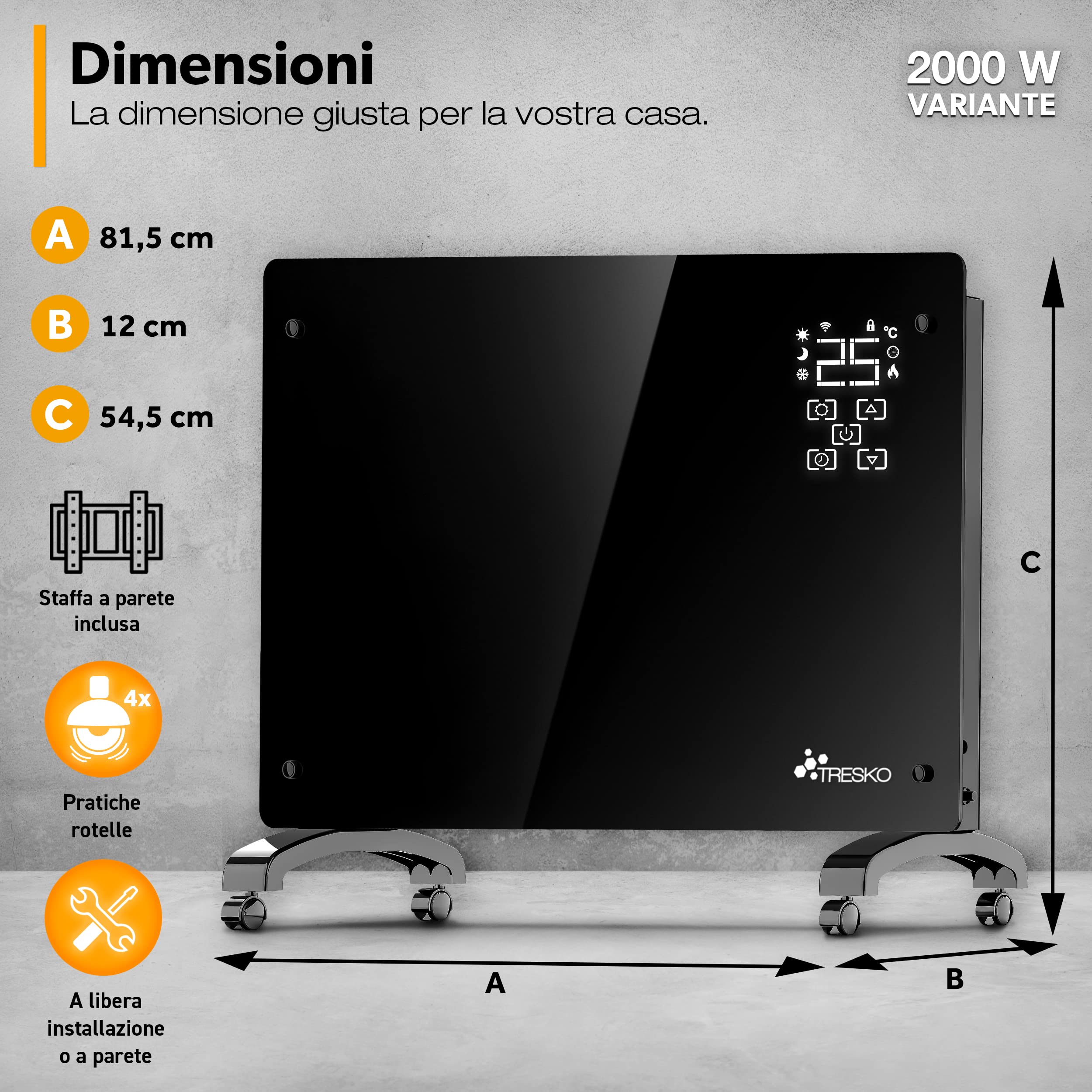 TRESKO Stufa Elettrica Basso Consumo 2000W - Wifi & APP | Stufa Elettrica basso consumo | Termoconvettore con Rotelle | Termosifone Elettrico Portatile | Termoconvettore a Parete con Termostato