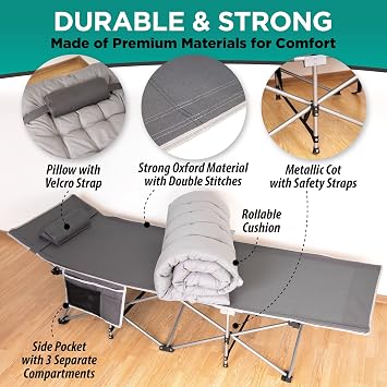 ZONETECH Folding Outdoor Camping Travel Cot and Pad -4 Pack Premium Quality Lightweight Portable Heavy Duty Adult & Kids w/Large Pocket and Cushion (Gray 4-Pack)