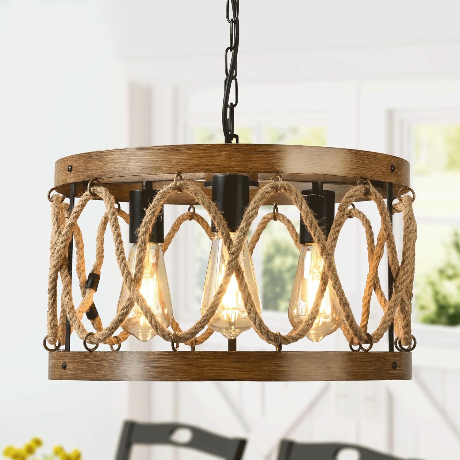 Bordhom 3-Light Rustic Dining Room Light Fixtures Over Table, Retro Rattan Hemp and Wood Grain Drum Chandeliers - Light Fixture (3-Light Hemp Rope, Black Walnut Wood Grain) 3-Light Hemp Rope Black Walnut Wood Grain