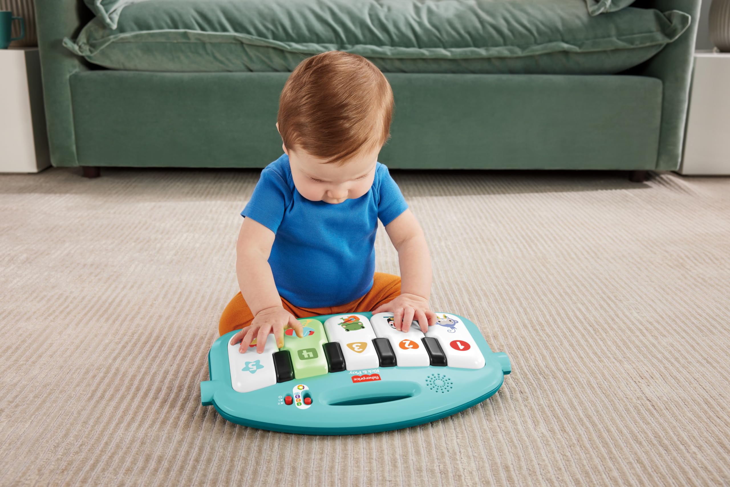 Fisher-Price Niebieska muzyczna i świecąca mata fortepianowa, przenośna, 4 tryby gry progresywne budzenie, wersja francuska, zabawka dla dzieci, od urodzenia, HWY56