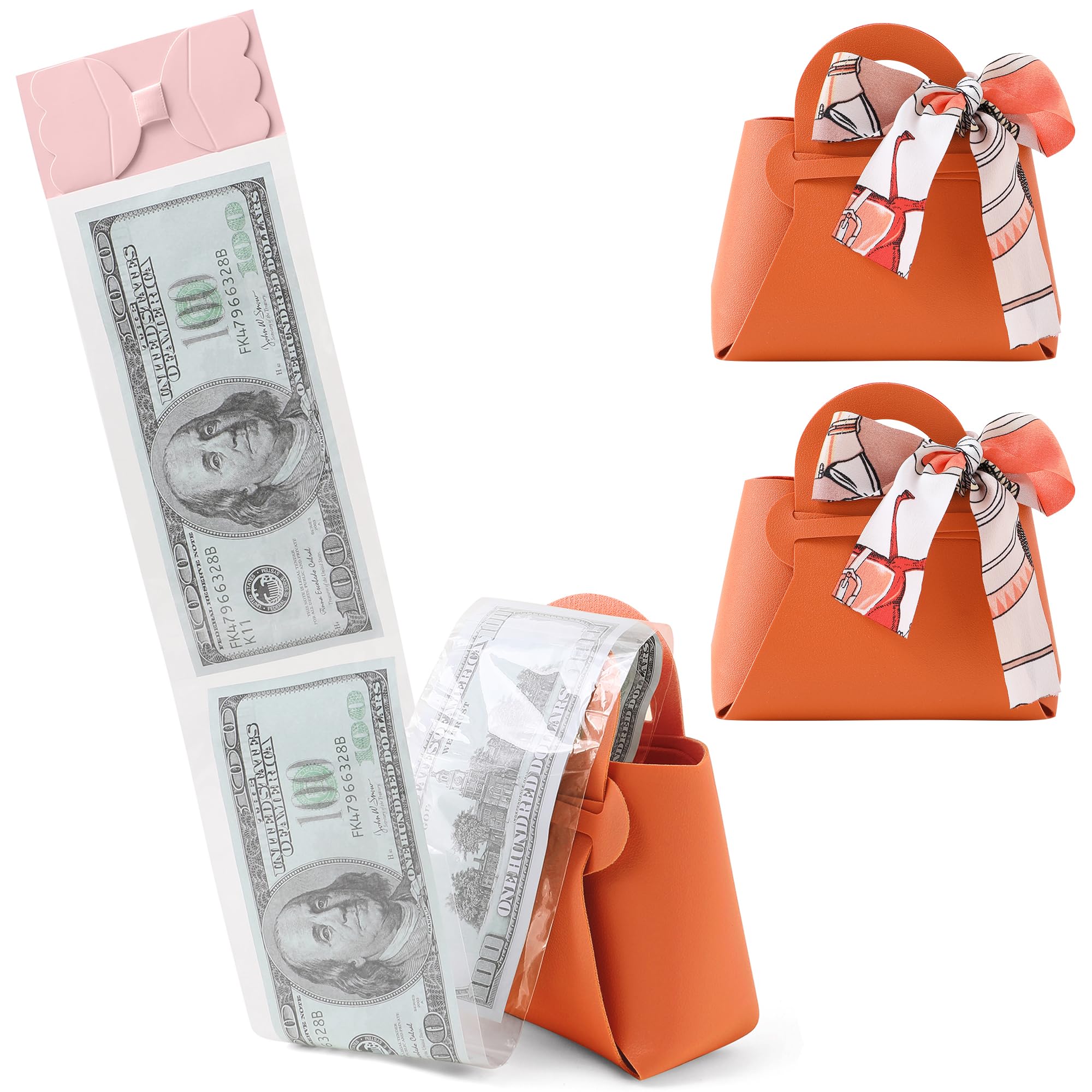 Litvana DIY Money Surprise Box - 2 Pack Leather Cash Boxes Money Pull-Out Bags for Birthday, Anniversary, Orange