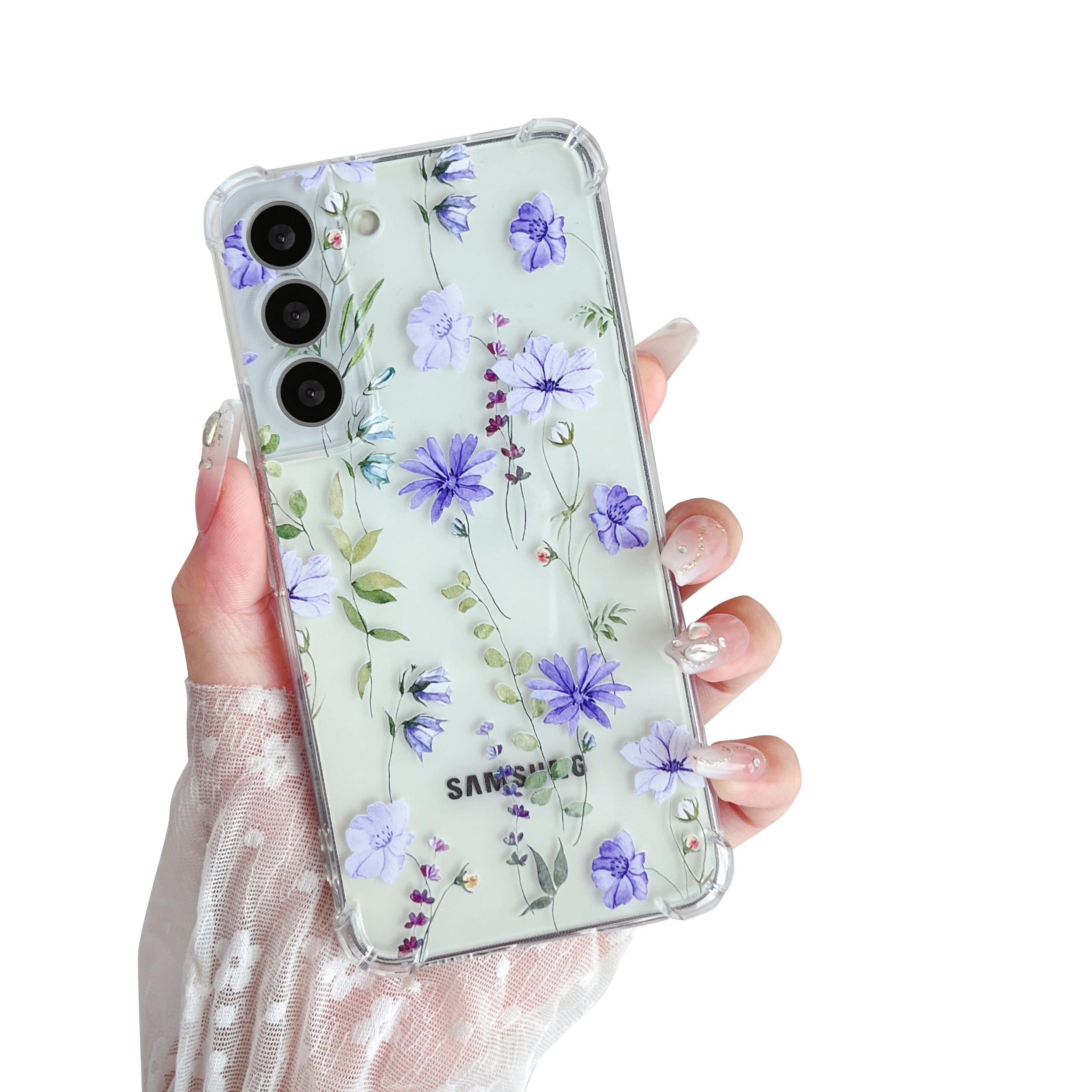 DEFBSC Soft Case Compatible with Samsung Galaxy S22, Clear Floral Flower Pattern Print Design Flexible TPU Shockproof Cover for Women Girls,Flower Protective Phone Case, Purple Cosmos