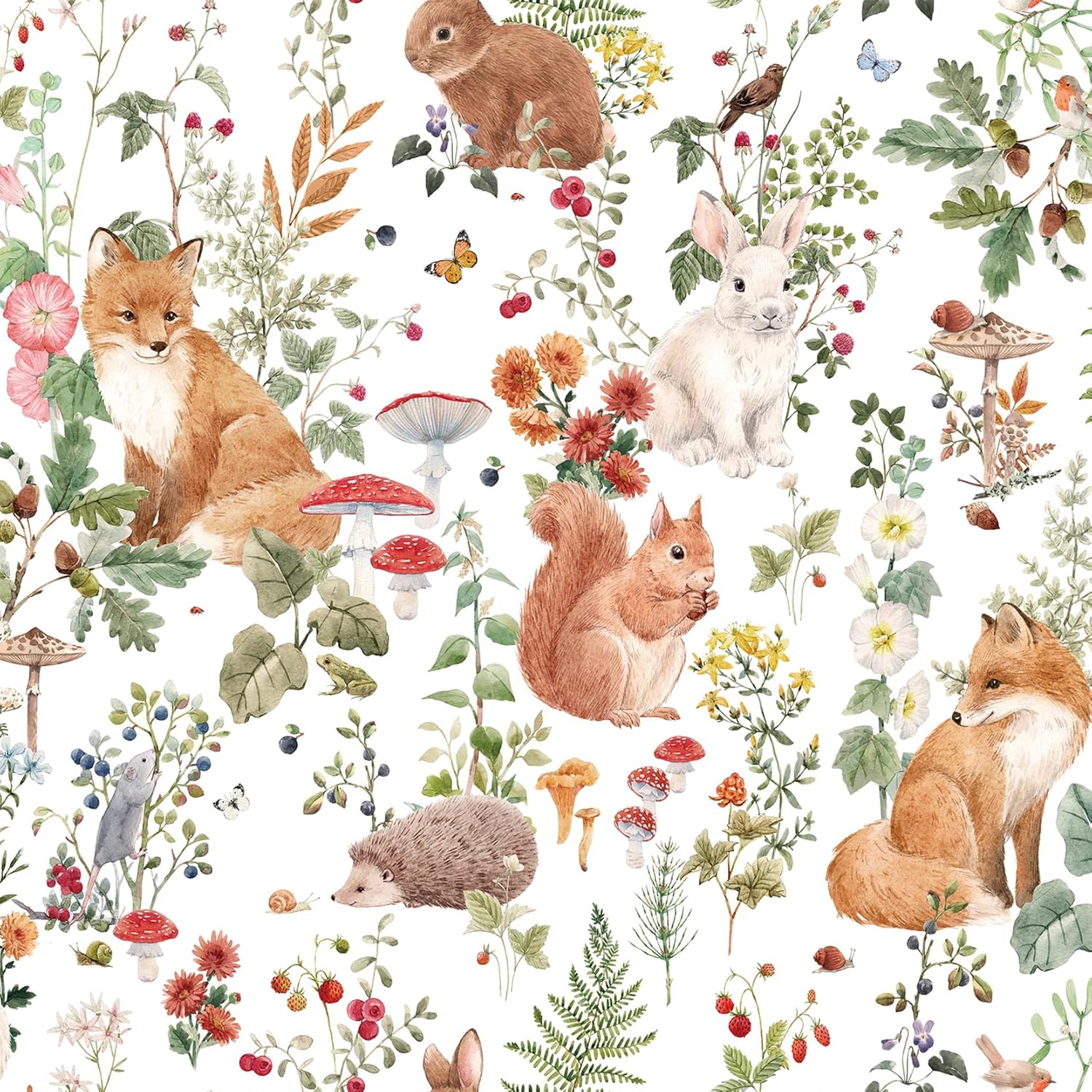 ReWallpaper Woodland Animal Wallpaper Peel and Stick Whimsical Forest Wallpaper with Animals Removable Floral Contact Paper Waterproof Fox Squirrel Bunny Wall Paper for Nursery Kids Room 17.5inX23ft