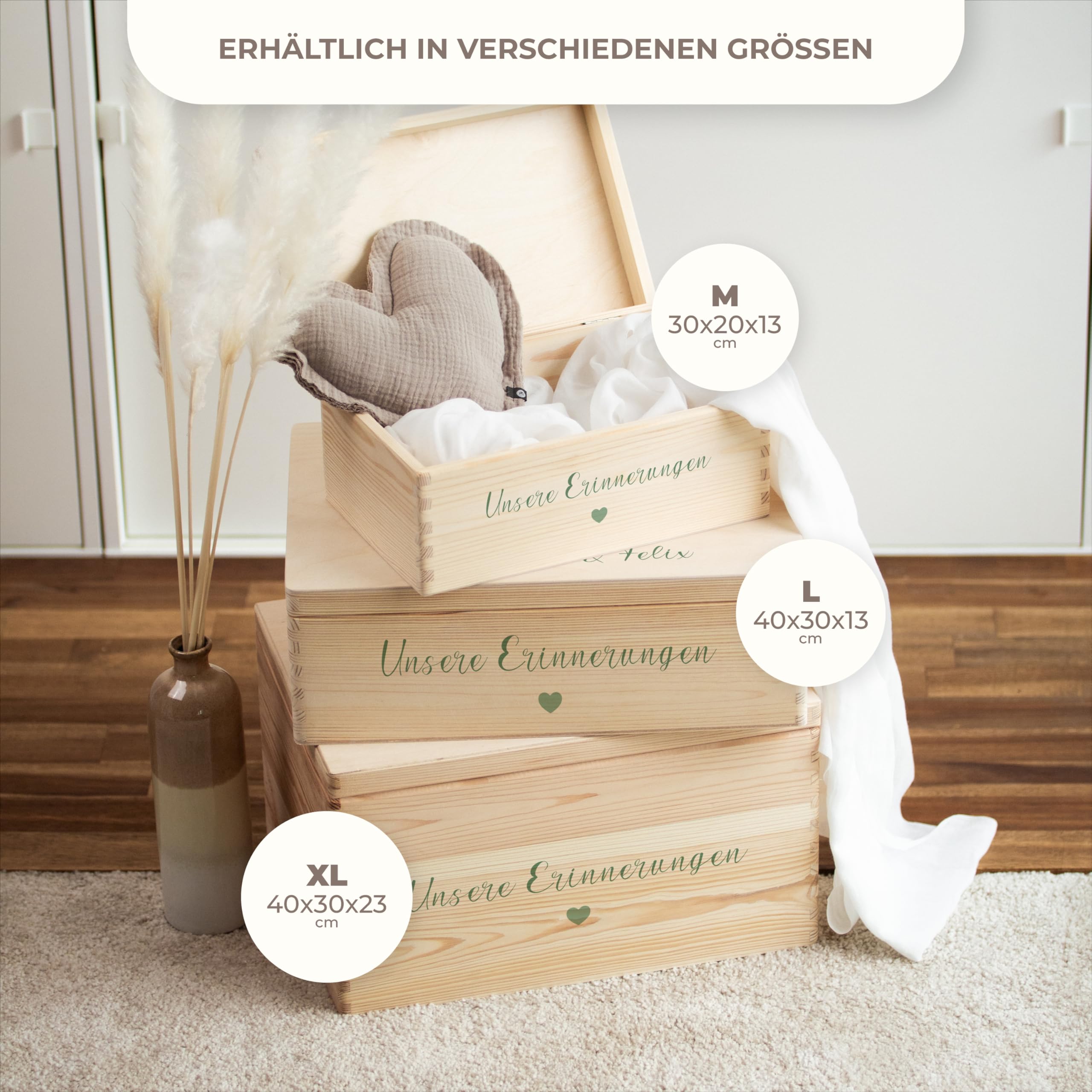 Amari ® Personalisierte Erinnerungsbox aus Holz | Eukalyptus XL ohne Griff - 40 x 30 x 23 cm | Individuelles Hochzeitsgeschenk Erinnerung Hochzeit