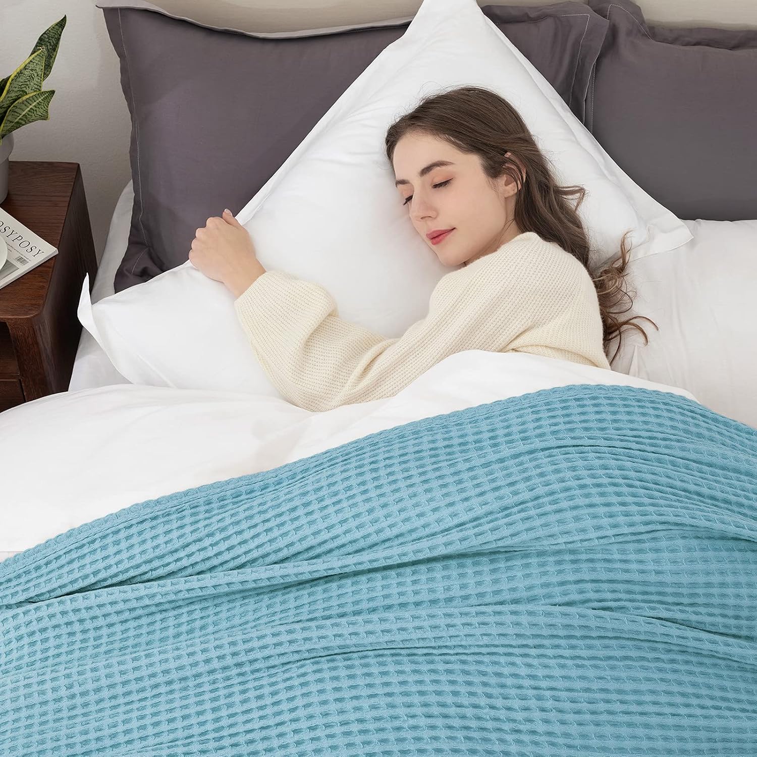 HBlife Premium 100% Cotton Blanket Queen Size, Soft Lightweight Breathable Waffle Weave Thermal Blanket for Home Decoration, Mint 90 X 90 Inches