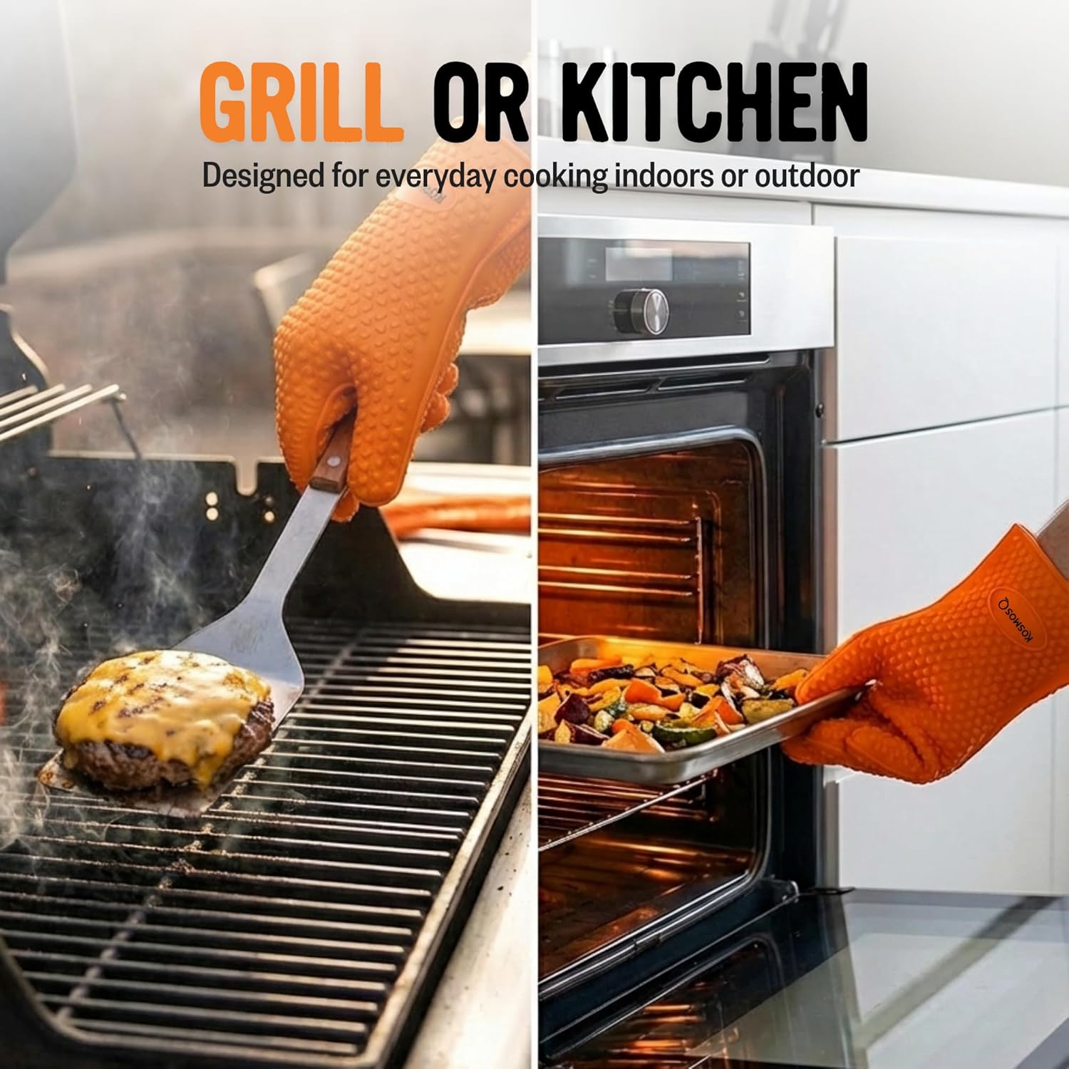 Kosmos Q Heat Resistant Grill Gloves, Durable Double Lined with Non Slip Grip, Heat Protection with Fingers, Ideal for Grilling, Smoking, Baking, Cooking, Oven Use & More, One Size Fits Most, Black