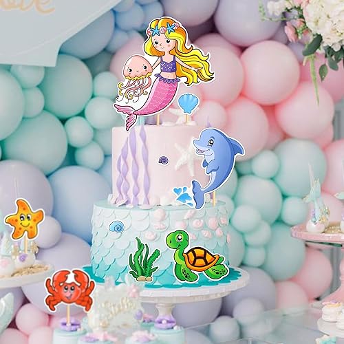 Miniatura 10 de Ercadio 18 adornos para tartas con temática de sirena, con purpurina, cola de sirena, decoraciones para tartas de cumpleaños, algas marinas, cola de