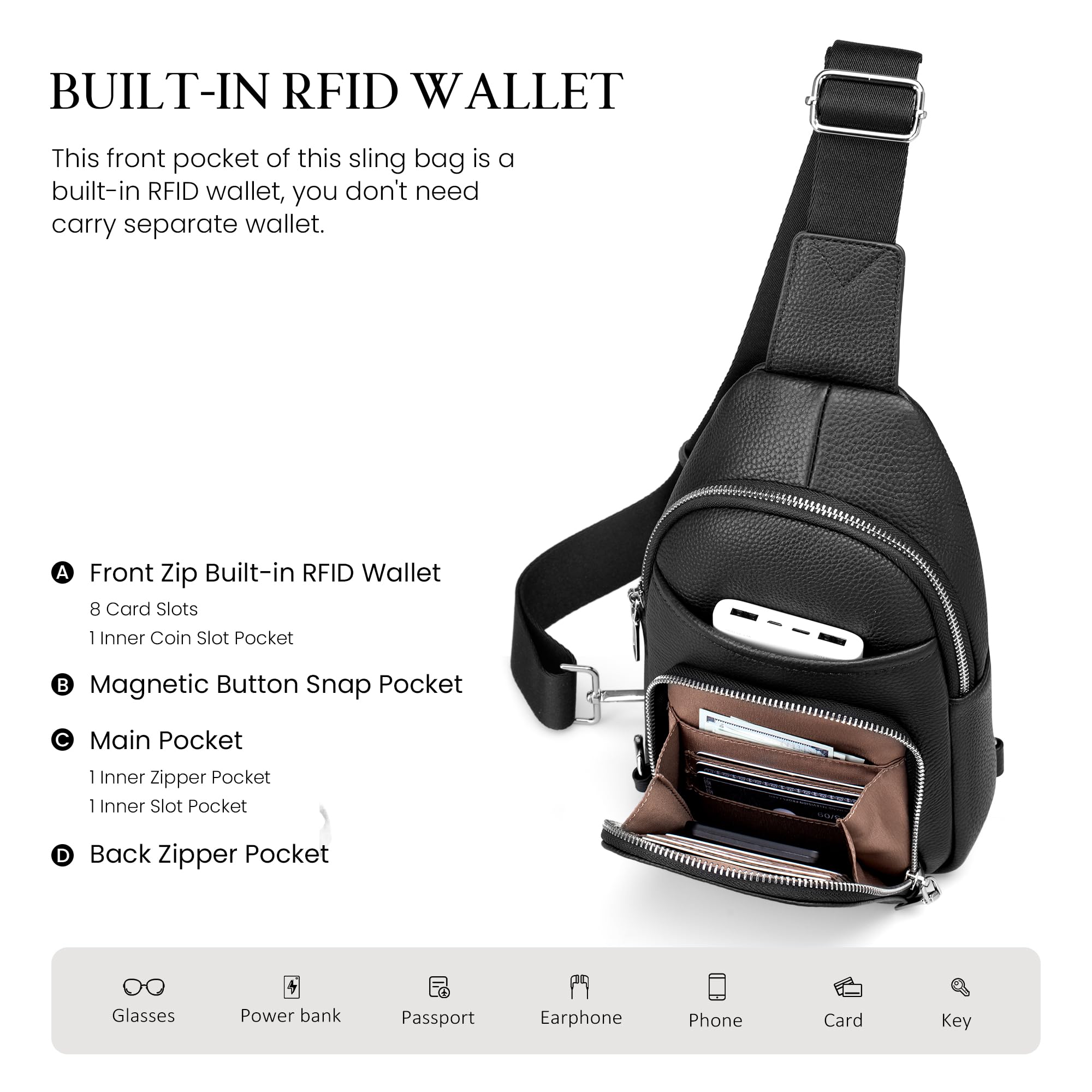 befen Kleine Umhängetasche aus echtem Leder für Damen, Diebstahlschutz, Brusttasche, Geldbörse mit integrierter RFID-Geldbörse