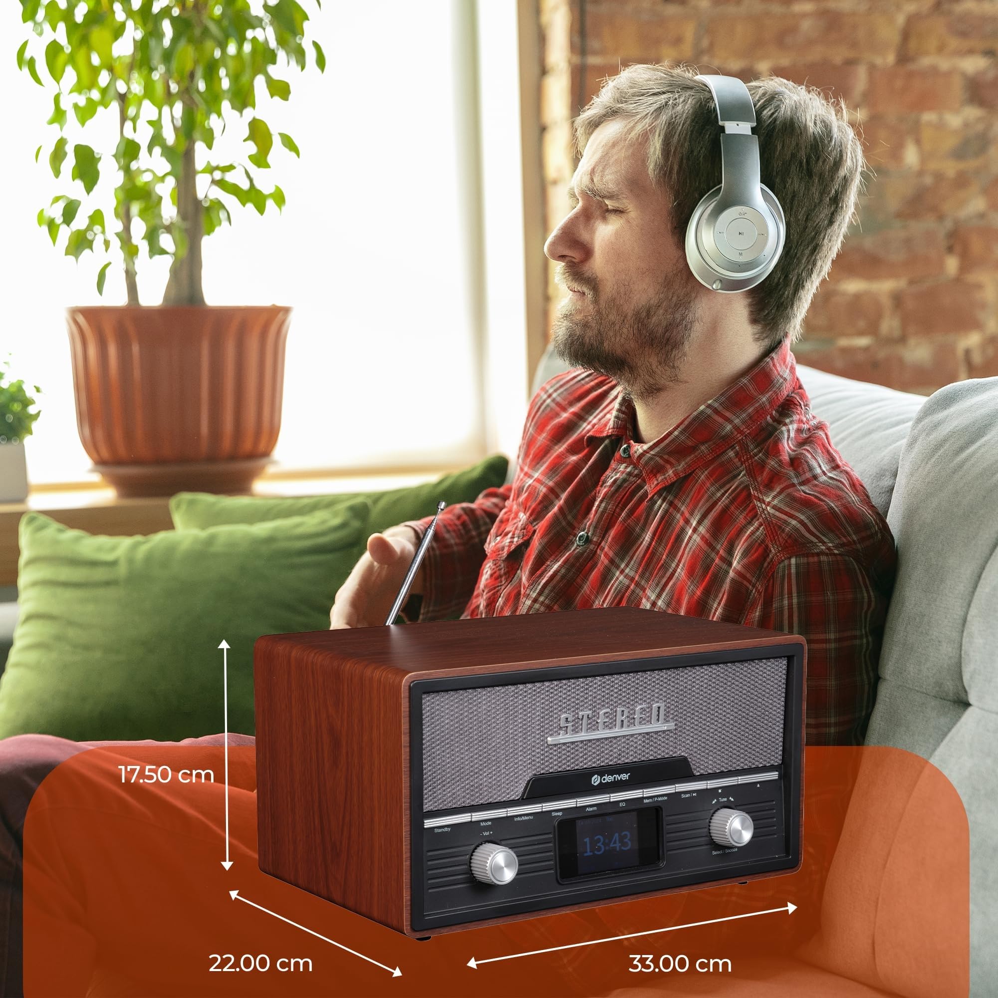 DENVER MDA-525DW Retro Mikro HiFi Anlage - DAB+ & FM Radio - CD-Player - Bluetooth - USB-Anschluss - AUX-Eingang - Weckerfunktion - Kompakte Stereoanlage im Holz Design | All-in-One Holzkonstruktion, 2x50W, Elegantes Retro Design, Für Wohnzimmer, Büro