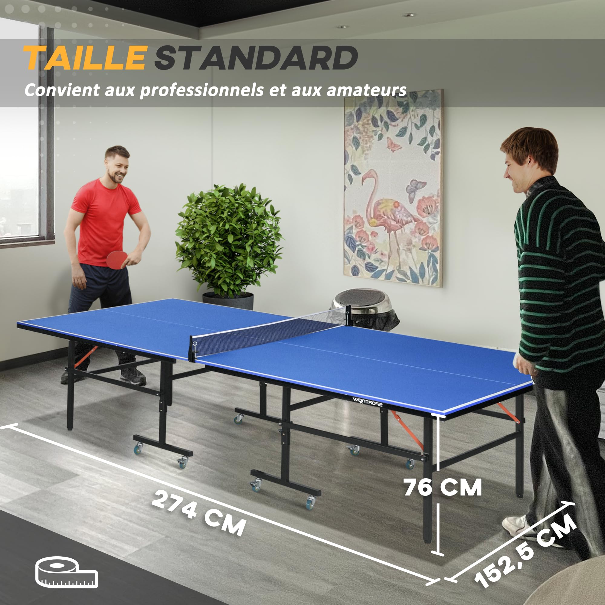 SPORTNOW Table de ping Pong Table de Tennis de Table Pliable Mode Solo compacte avec 2 Raquettes 3 balles Filet de Jeu 8 roulettes pour intérieur et extérieur dim. 274L x 152,5l x 76H cm Bleu