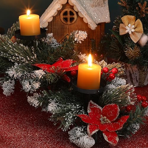 Miniatura 7 de Centro de mesa artificial de Navidad con 3 portavelas, flores rojas, bayas rojas y conos de pino nevado, base de acero, decoración de Navidad para