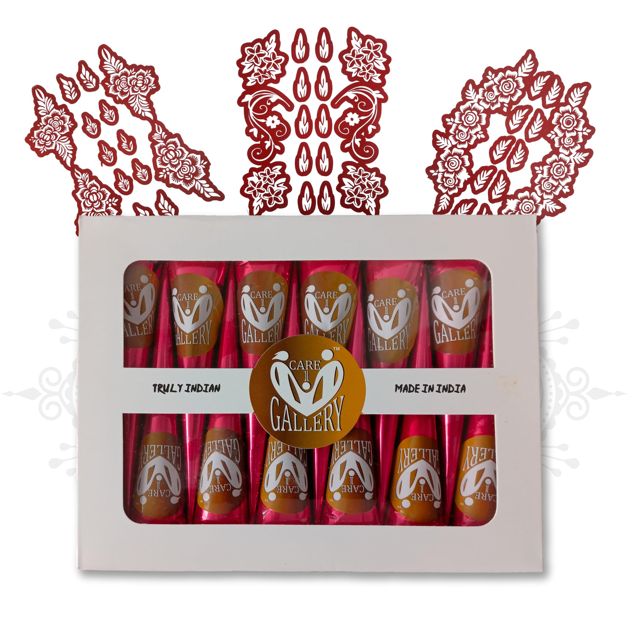 Instant Henna Outline Paste Mehendi Cone | With Set of 3 Full Hand Stickers/Stencils | Without Chemicals | Long Lasting | Pack of 12 Pieces | Cherry Red Color