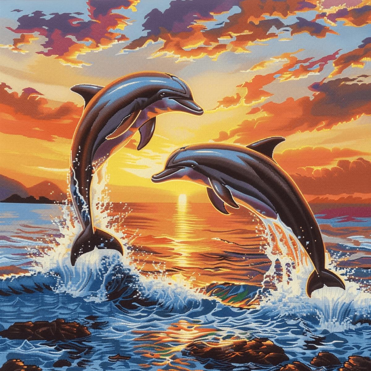 Kitquiver DIY Latch Hook Craft Kits Jumping Dolphin Needlepoint Pillow Kit Sunrise Scenery DIY Latch Hook Cushion Kit Beginners Adults Teenager Embroidery Home Decoration Latch Hook Kit 43x43cm