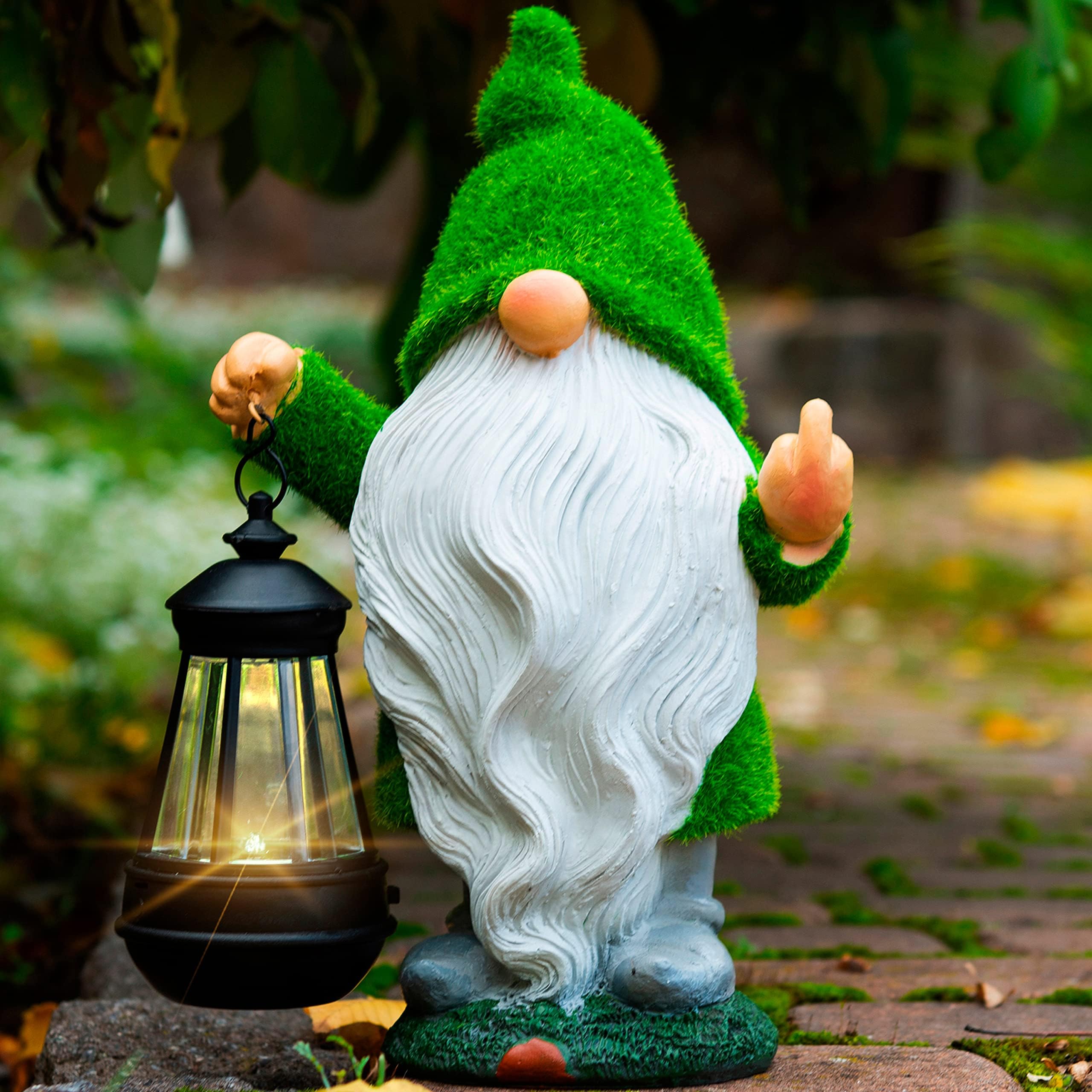 Funny Garden Gnome, 11.8 Inch with Solar Lantern, Outdoor Statues