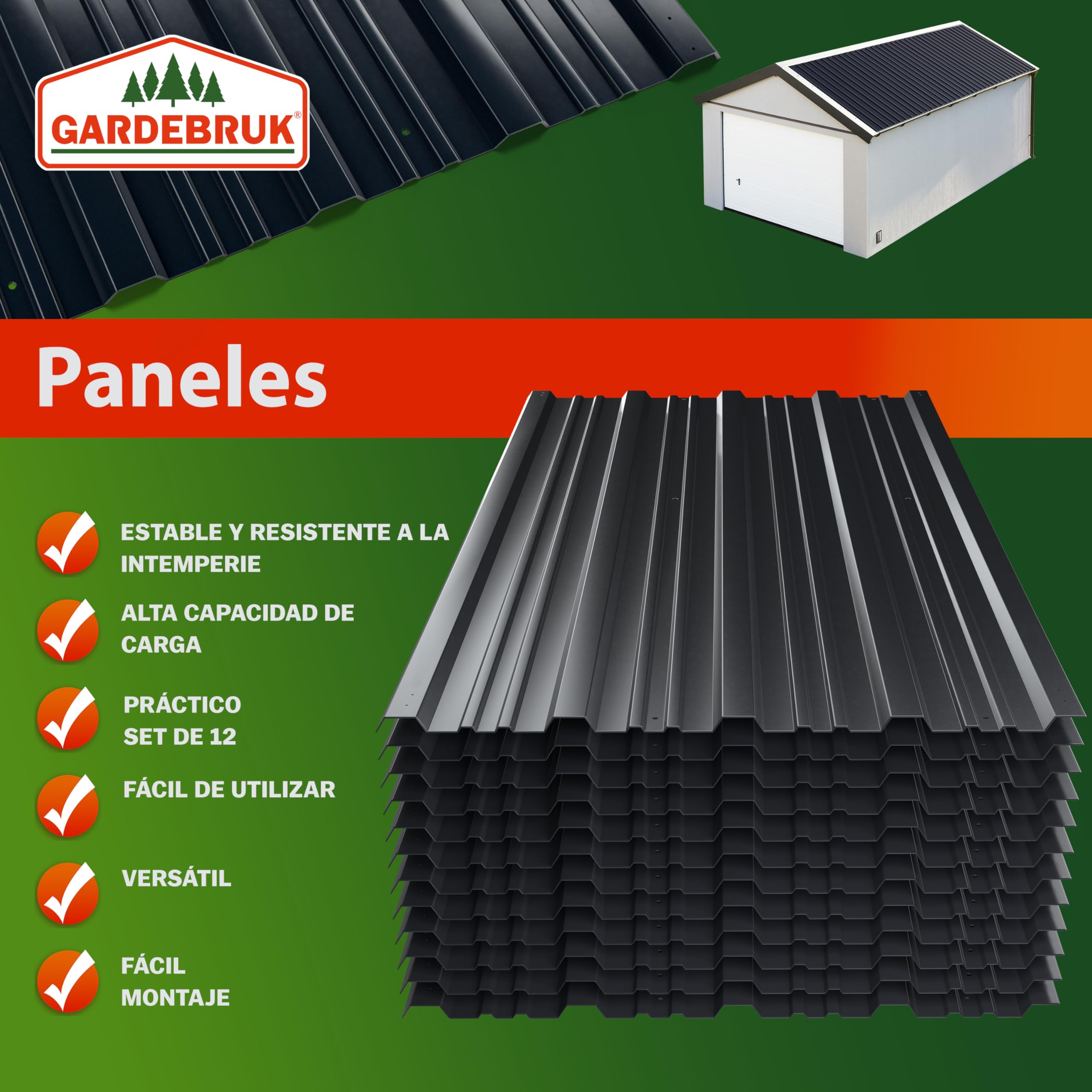 DEUBA® 12x Paneles para Tejado, Chapa Ondulada, Perfiladas Techo 7m², Placa Sandwich Perforada Galvanizadas, Cobertizo Garaje, Revestimiento Pared Caseta Exterior, 129x46cm, Construcción