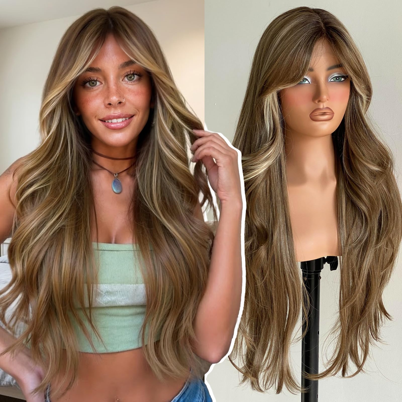 KOME Ash Brown Highlight Wavy Synthetic Lace Front Wig With Bangs 26IN