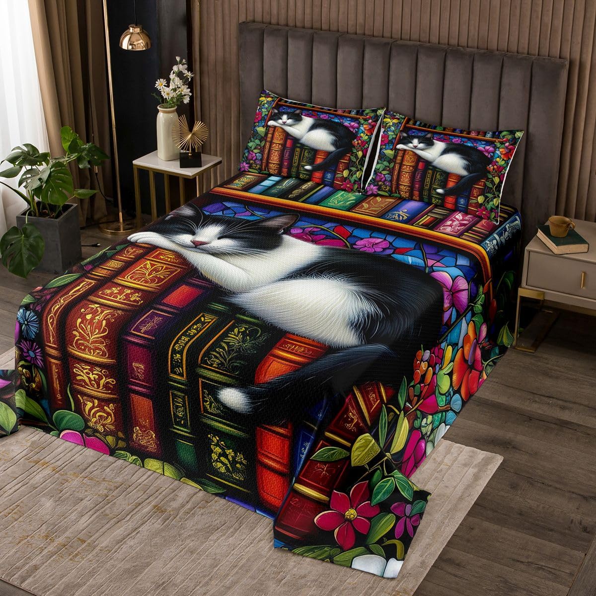 Castle Fairy Cute Cat Quilt Sets Twin Size,Retro Book Bookshelf Bedspread Coverlet 2Pcs for Kids Girls Boys Room Decor,Natural Botanical Quilts Set Family Pet Animals Bedding Comforter,1 Pillowcase