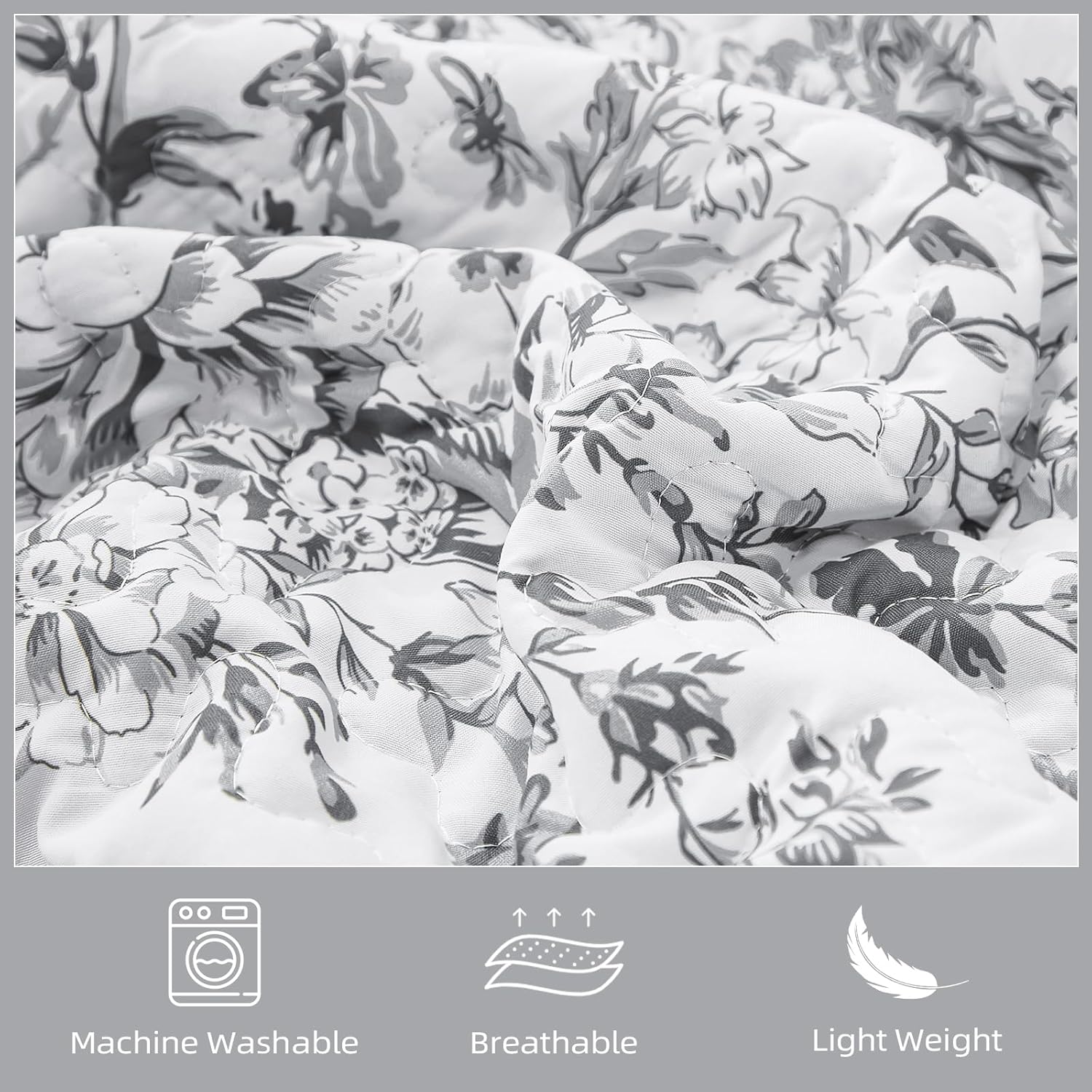 WONGS BEDDING Quilt King Size, Grey Quilt Bedding Set with 2 Pillowcases, Botanical Quilt for King Bed, Soft Microfiber Lightweight Coverlet Bedspread for All Season (110"×90", 3 Pieces) - Image 6