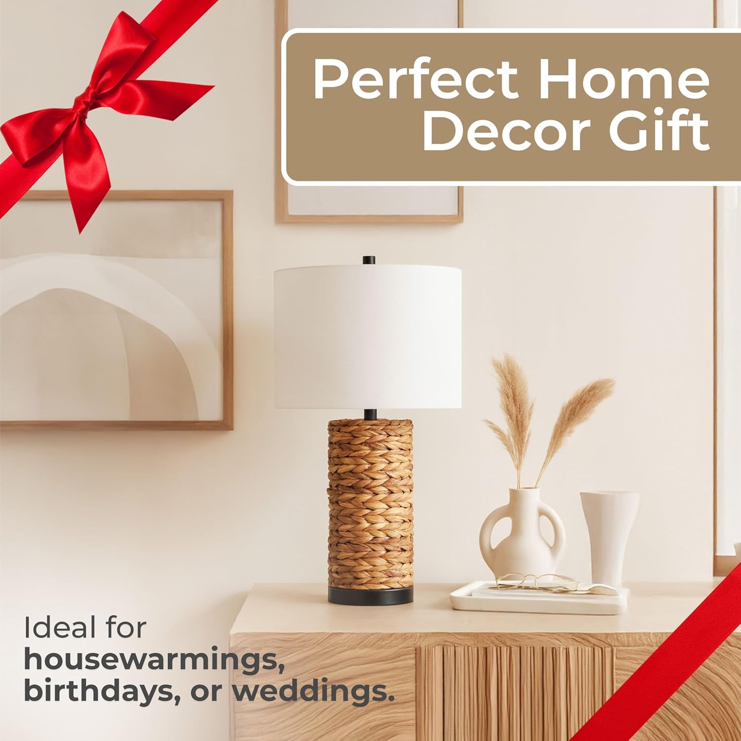 Pillar Accent Table Lamp with Woven Seagrass Pattern – Metal Decorative Lamp with White Drum-Shaped Shade – Coastal & Boho Home Decor for Any Room – 14"x26", Natural Brown