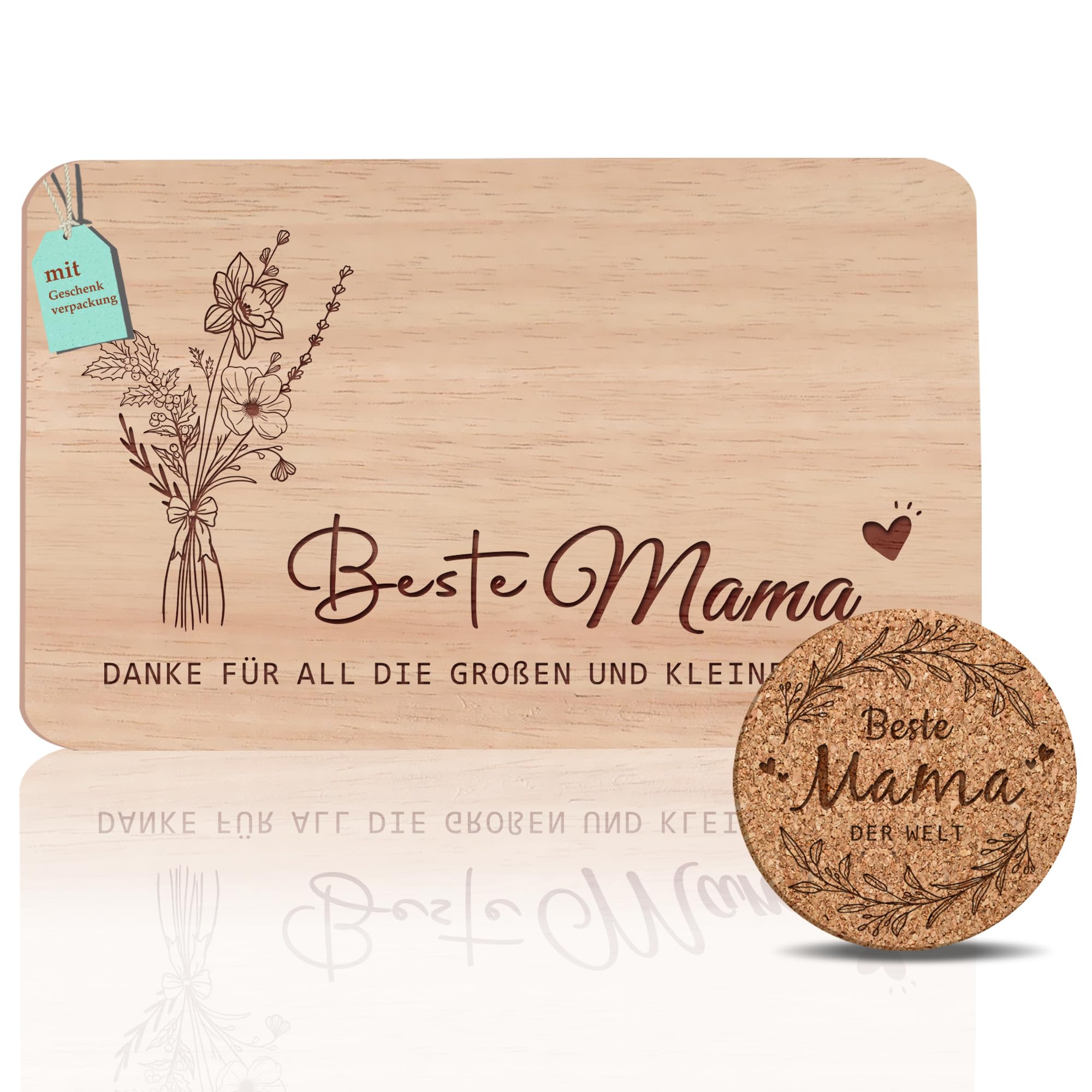 Frühstücksbrettchen Mama Geschenke Set | Brotzeitbrett mit Gravur | Mutter Geschenke Buchenholz | Geschenkidee ideal für Muttertag Geburtstags Weihnachten