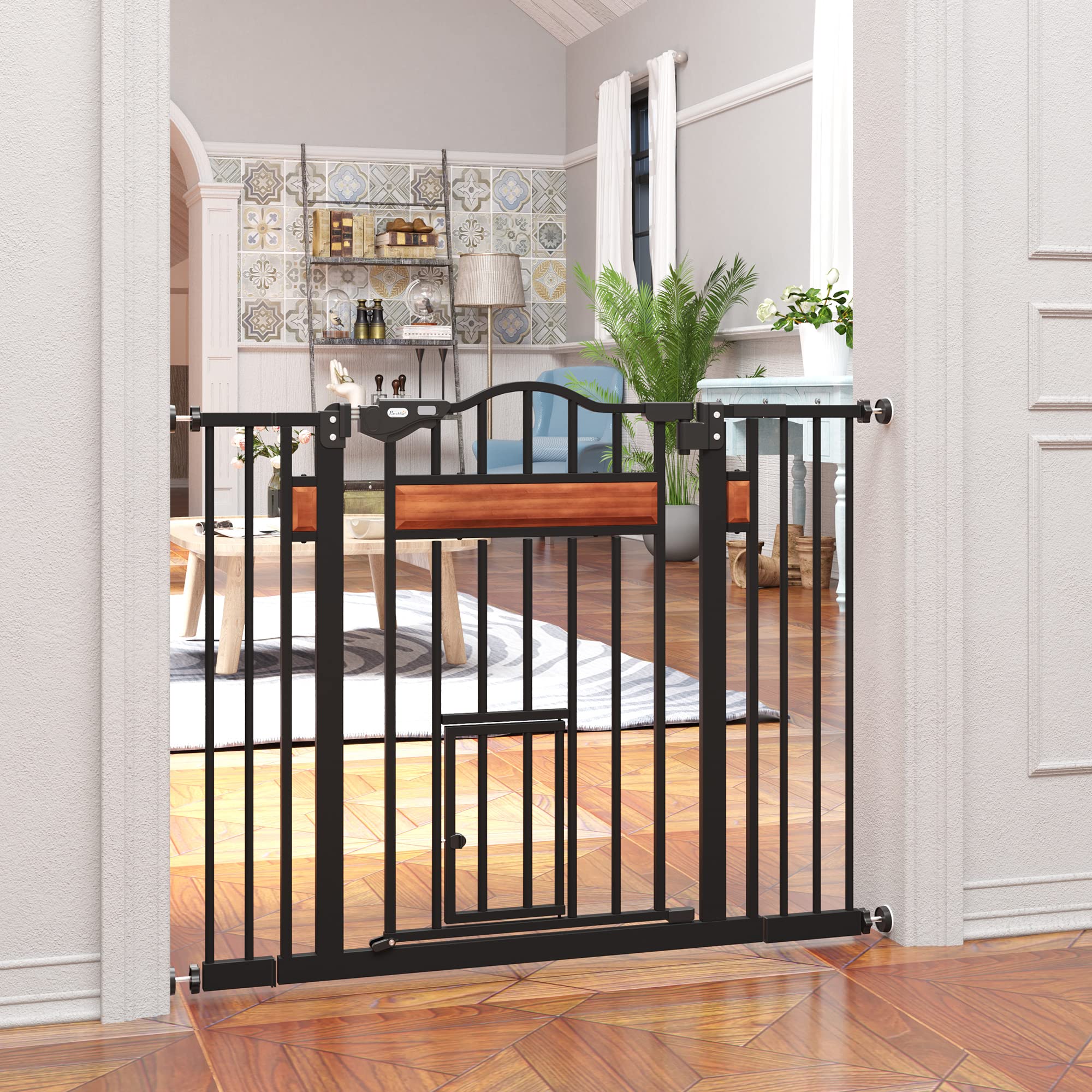 PawHut Barrera de Seguridad Extensible para escaleras 93x76,2 cm Negro | Para Puertas, Cierre Automático, Altura Ajustable, Doble Bloqueo, para Perros Medianos