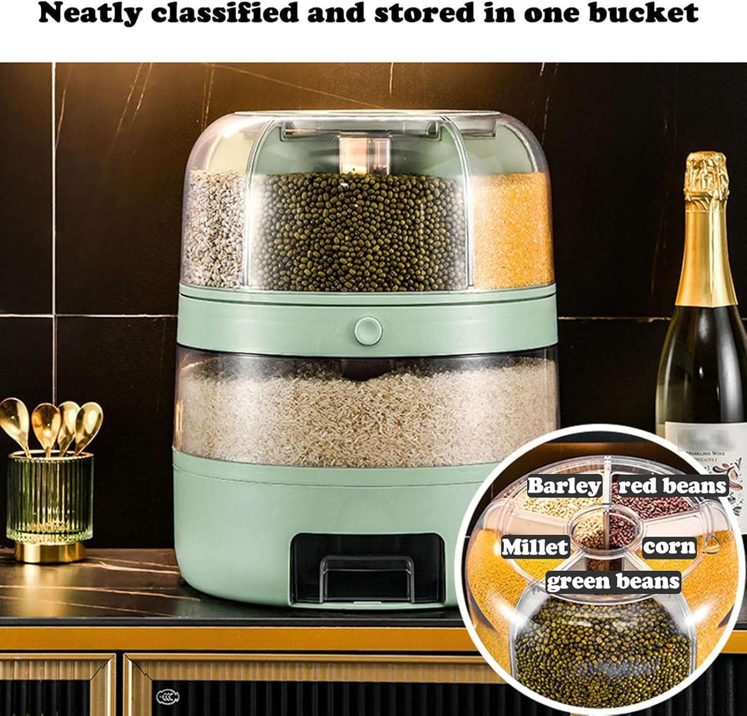 360° Rotatable Cereal Dispenser, 6 Grids Rice Dispenser Double Layer Dry Food Storage Container for Kitchen, One-Click Rice Output, Dry Rice Container for Beans Peanut Barley Millet,White