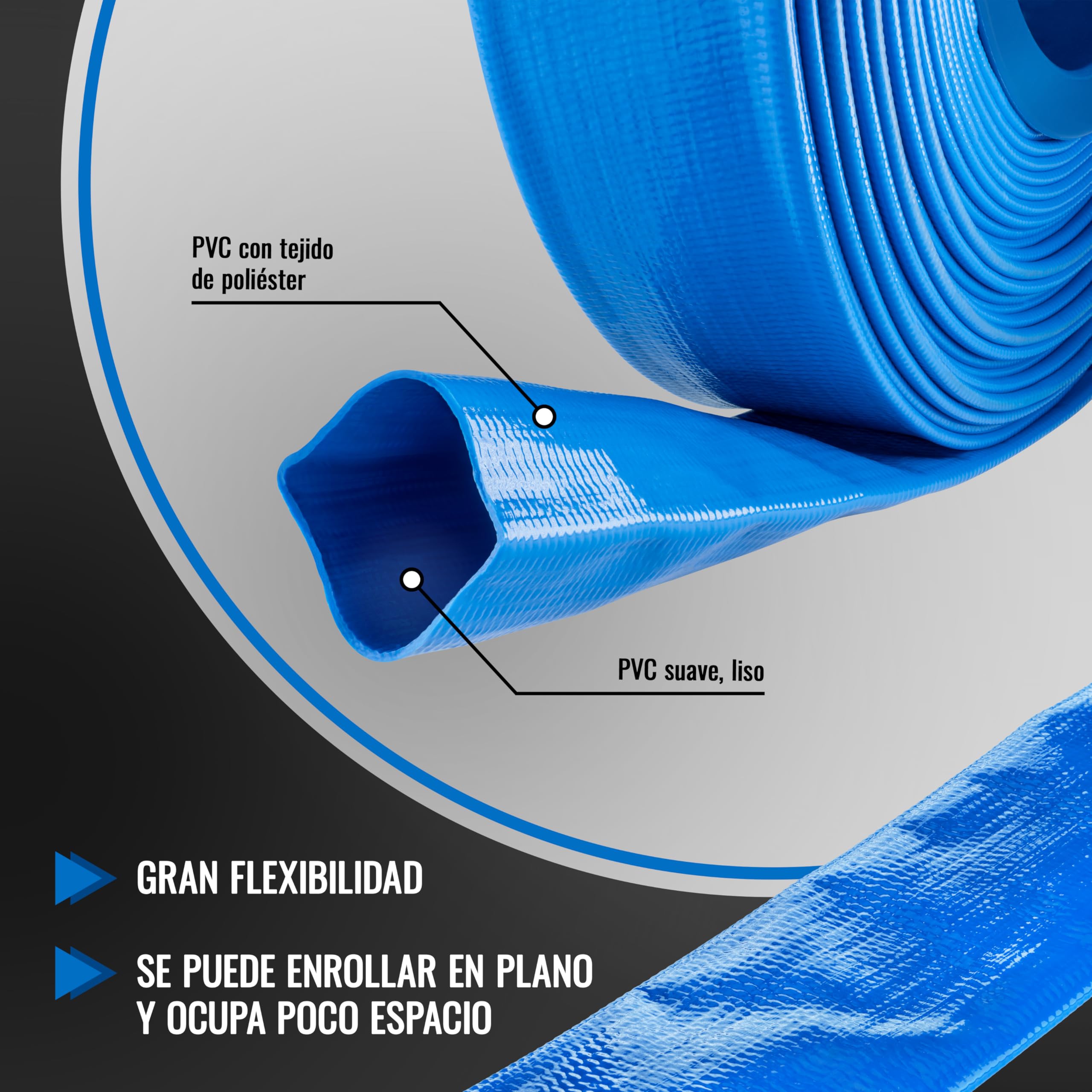 Poppstar Manguera plana de descarga de agua de PVC 40m, Ø 38mm (1 1/2 pulgada), presión de trabajo 7 bar, manguera de bombeo, azul