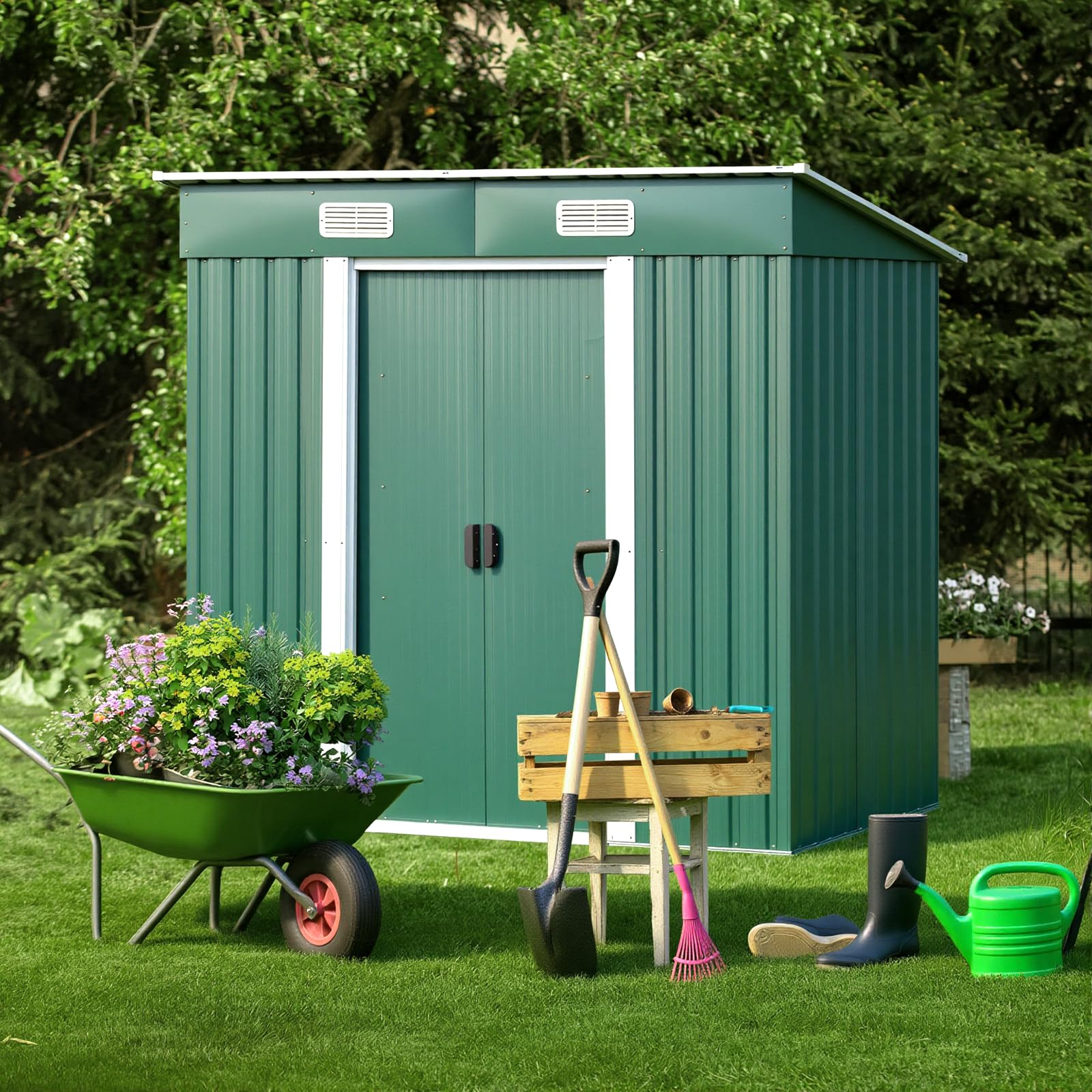 Metal Garden Shed with Floor Foundation, 72x44inch Outdoor Storage Tool House, Sloped Roof Design, Ventilation Slots, Lockable Sliding Double Doors, Galvanised Steel Base (Green)