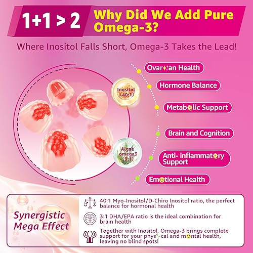 Miniatura 4 de Gomitas de inositol + omega-3 para mujeres  Mio-inositol y D-Chiro Inositol (401), Omega-3 DHAEPA (31)  Suplemento de inositol para el equilibrio