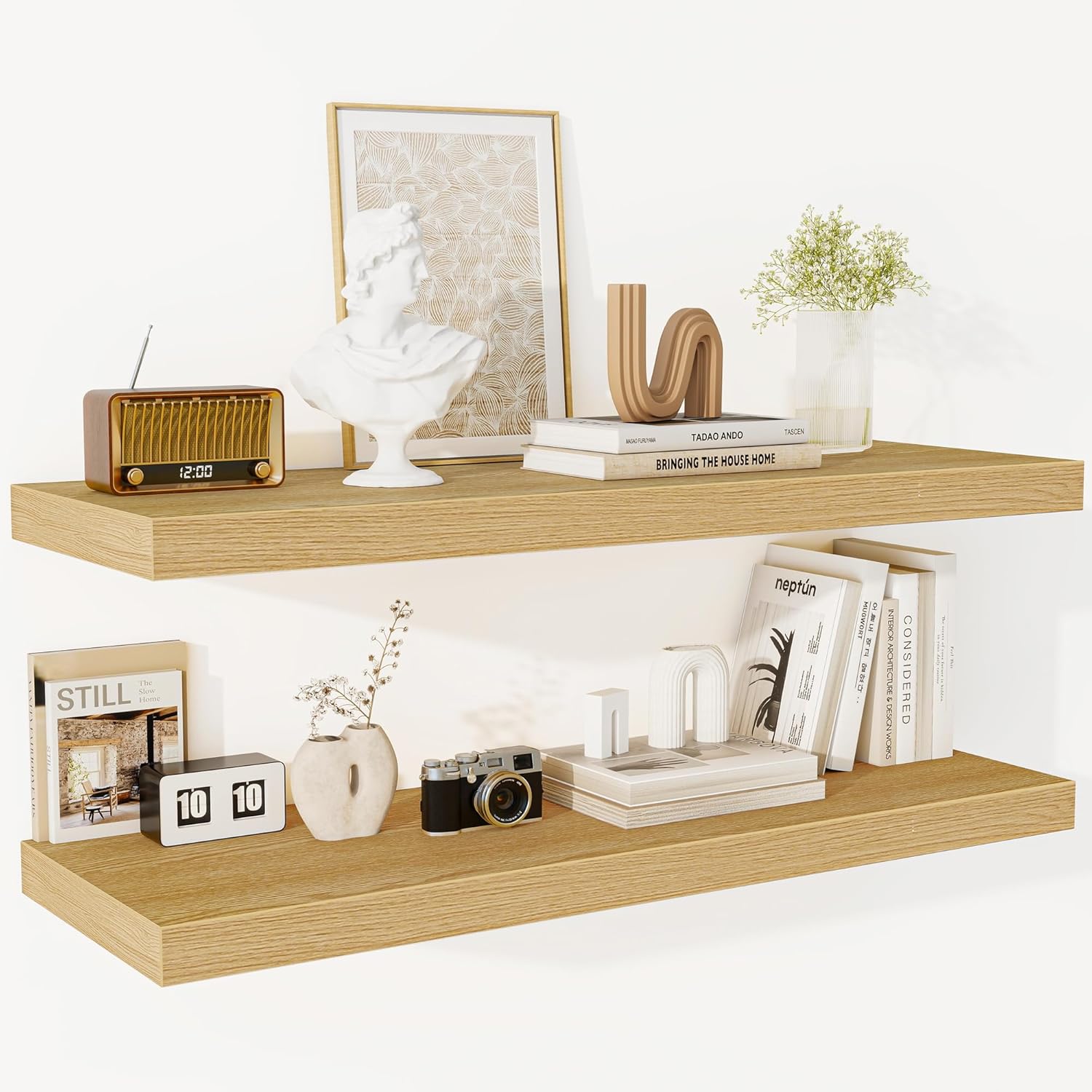 Fun Memories Floating Shelves - 2 Pack 12 Inch Deep Rustic Wooden Wall Shelves - Extra Deeper & Thicker Wall Mounted Storage Shelf for Living Room, Kitchen, Farmhouse - 36" W x 12" D x 1.5" H - Oak Oak 36"W x 12"D - 2P