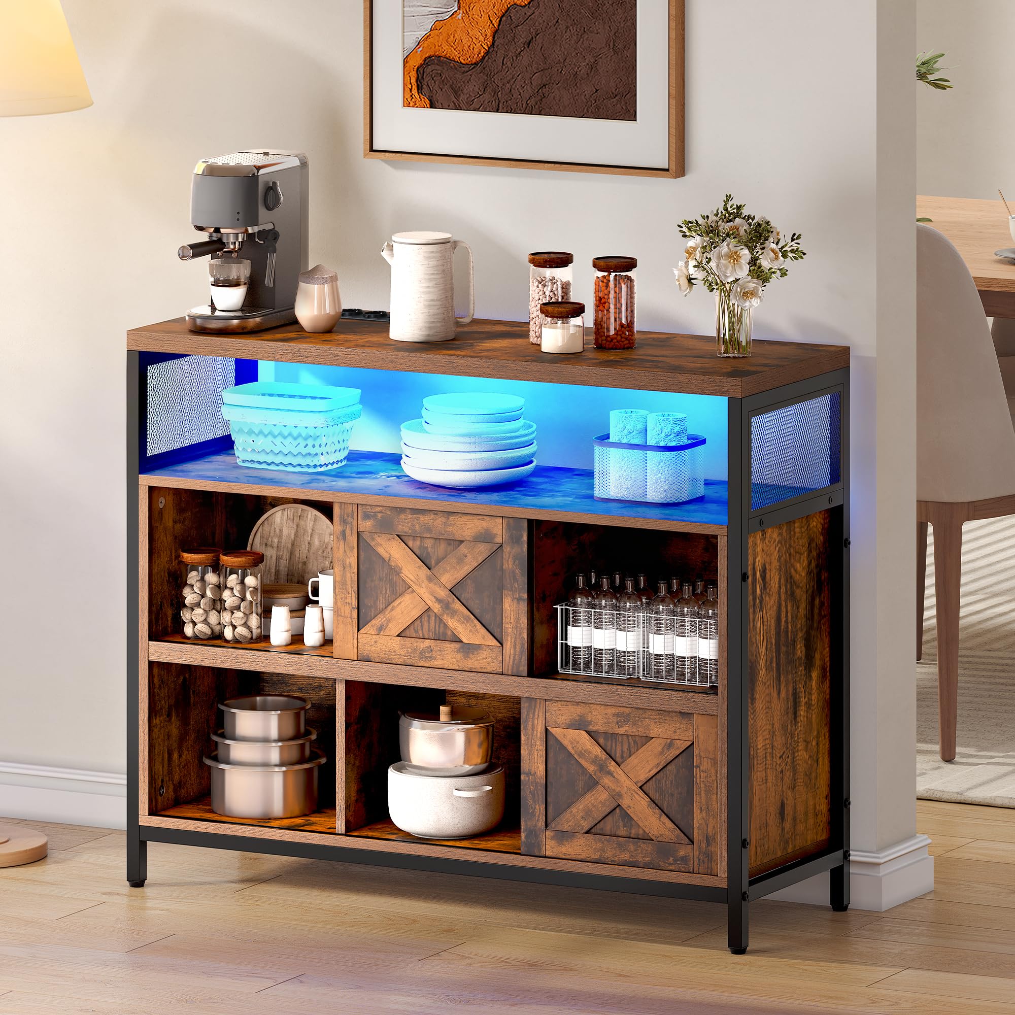 YITAHOME Sideboard mit LED und Steckdosen, Kommode mit Schiebetüren