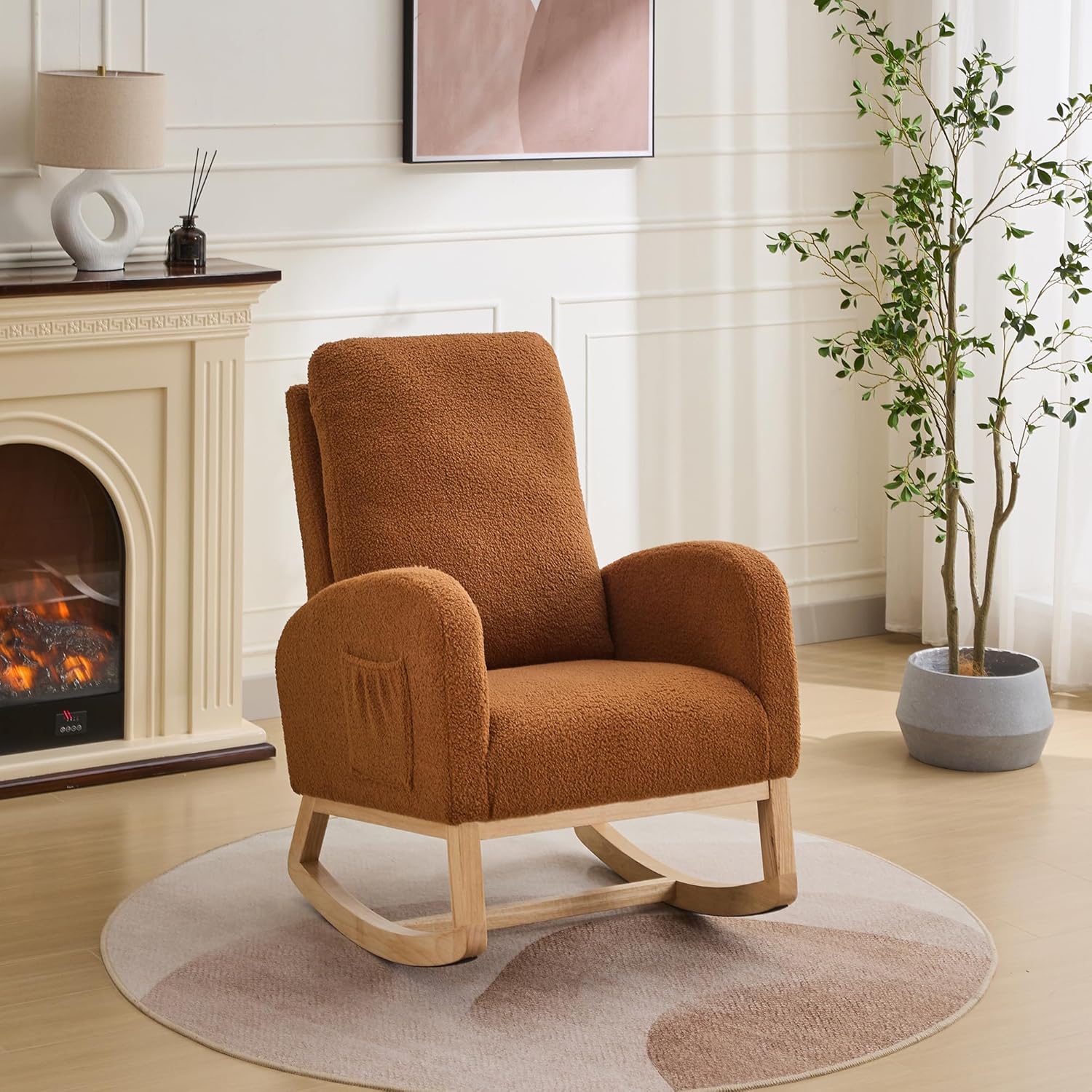 27.2" Rocking Chair for Nursery, Sherpa with Morden High Back and Side Pocket, Rocking Accent Armchair with Rubber Wood Legs for Living Room, Bedroom, Caramel