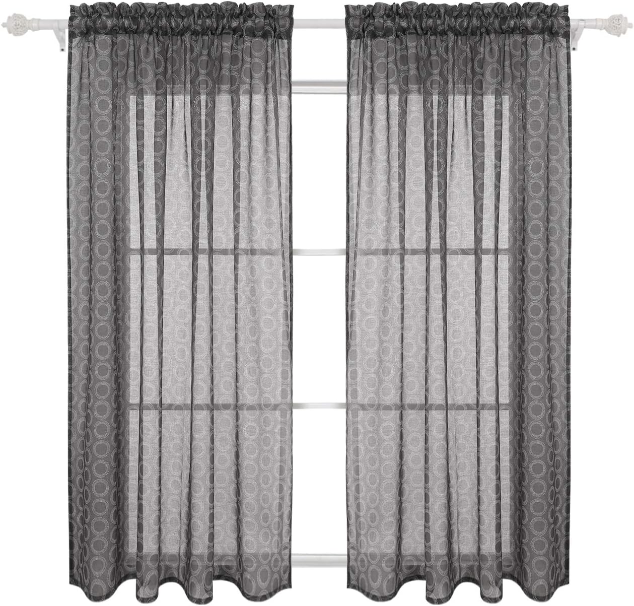 Deconovo Print Sheer Drapes 63 Inch Length Rod Pocket Sheer Window Curtains Circle Printed Sheer for Kids Room 52W X 63L Inch Dark Grey 2 Drapes
