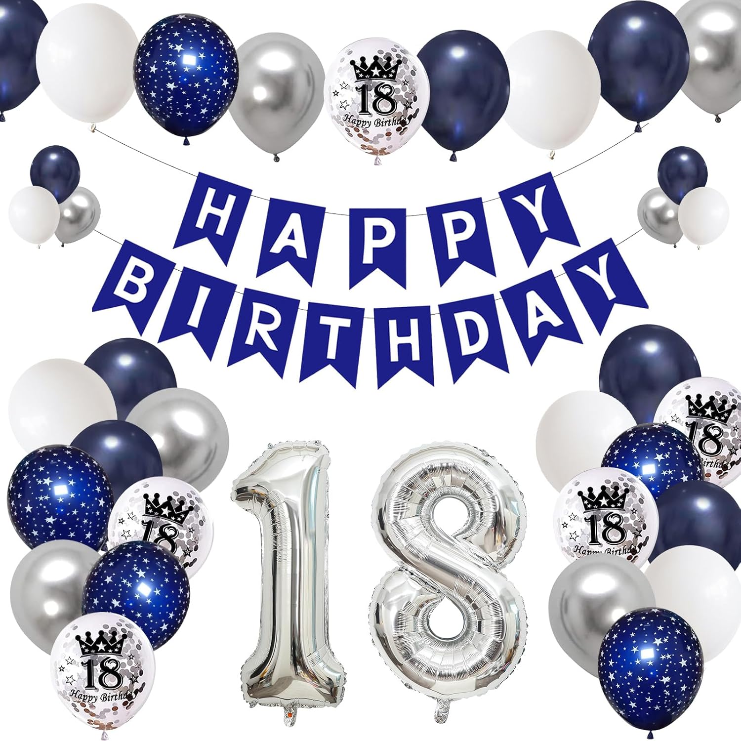 18th Birthday Decorations for Boys Blue Silver Balloons Garland Arch Kit with Number Foil Confetti Balloon Happy Birthday Bunting Banner Navy Blue Silver Party Decor for 18 Years Old Girls Anniversary - Image 7