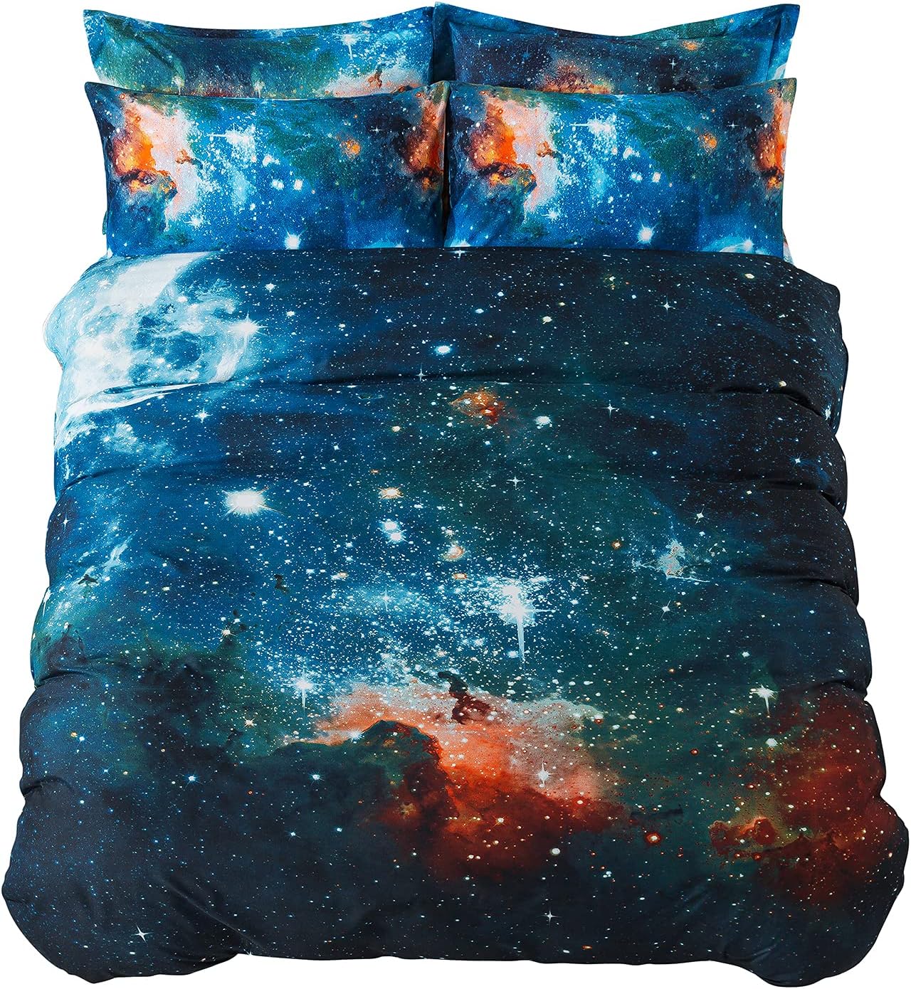 Cliab Kids Full Size 7-Piece Reversible Galaxy Bedding Set Galaxy Duvet Cover Set Nebula Bedding Set Deep Space Bedding Cosmos Galaxy Stars Bedding Set with Blue Sky Print for Kids Boys and Girls