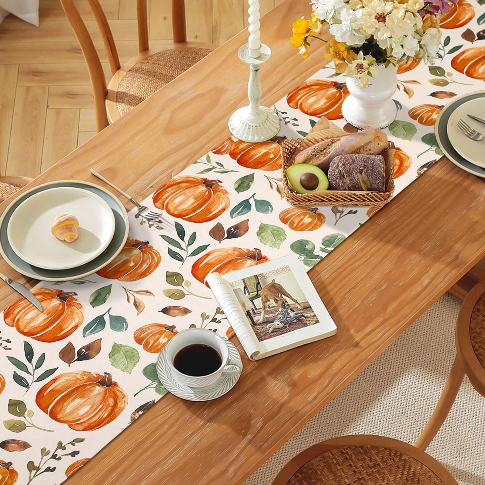 Libaoge Tischläufer Herbst-Design – 228,6 Cm Lang, Jute-Optik Mit Kürbis & Ahornblättern, Für Thanksgiving & Partys