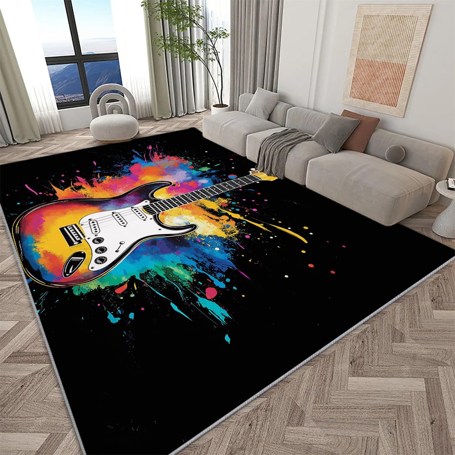 Tapis Salon Instrument de Musique Rock Guitare pour Chambre Tapis Poils Ras 100 x 160 cm, Art Musical Tapis de Salon, Tapis Rectangulaire Antidérapant, Idéal pour Les Salons et Les Couloirs