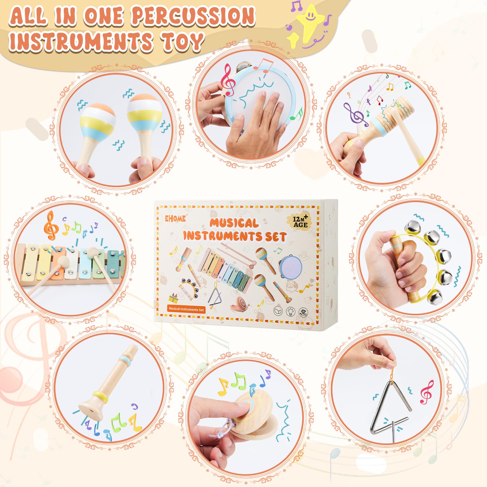 Juego de instrumentos musicales para bebés, juguetes de música de madera Montessori para niños pequeños de 3, 4, 5 años, kit de música de percusión de color neutro con tambor, xilófono, bolsa de 7